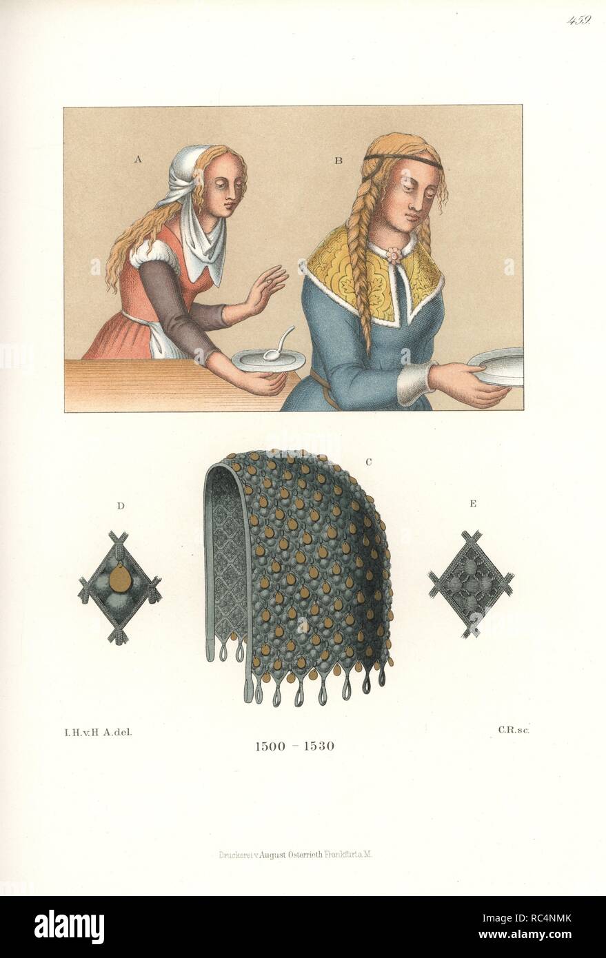 Les jeunes femmes costume de peindre dans l'école Souabe (A,B), et la femme bonnet (C) du début du xvie siècle. Chromolithographie de Hefner-Alteneck's 'Costumes, Œuvres et appareils du Moyen-Âge au 17ème siècle", Francfort, 1889. Illustration par le Dr Jakob Heinrich von Hefner-Alteneck, lithographiée par C. Regnier. Le Dr Hefner-Alteneck (1811 - 1903), était un conservateur de musée, archéologue, historien de l'art, illustrateur et graveur. Banque D'Images