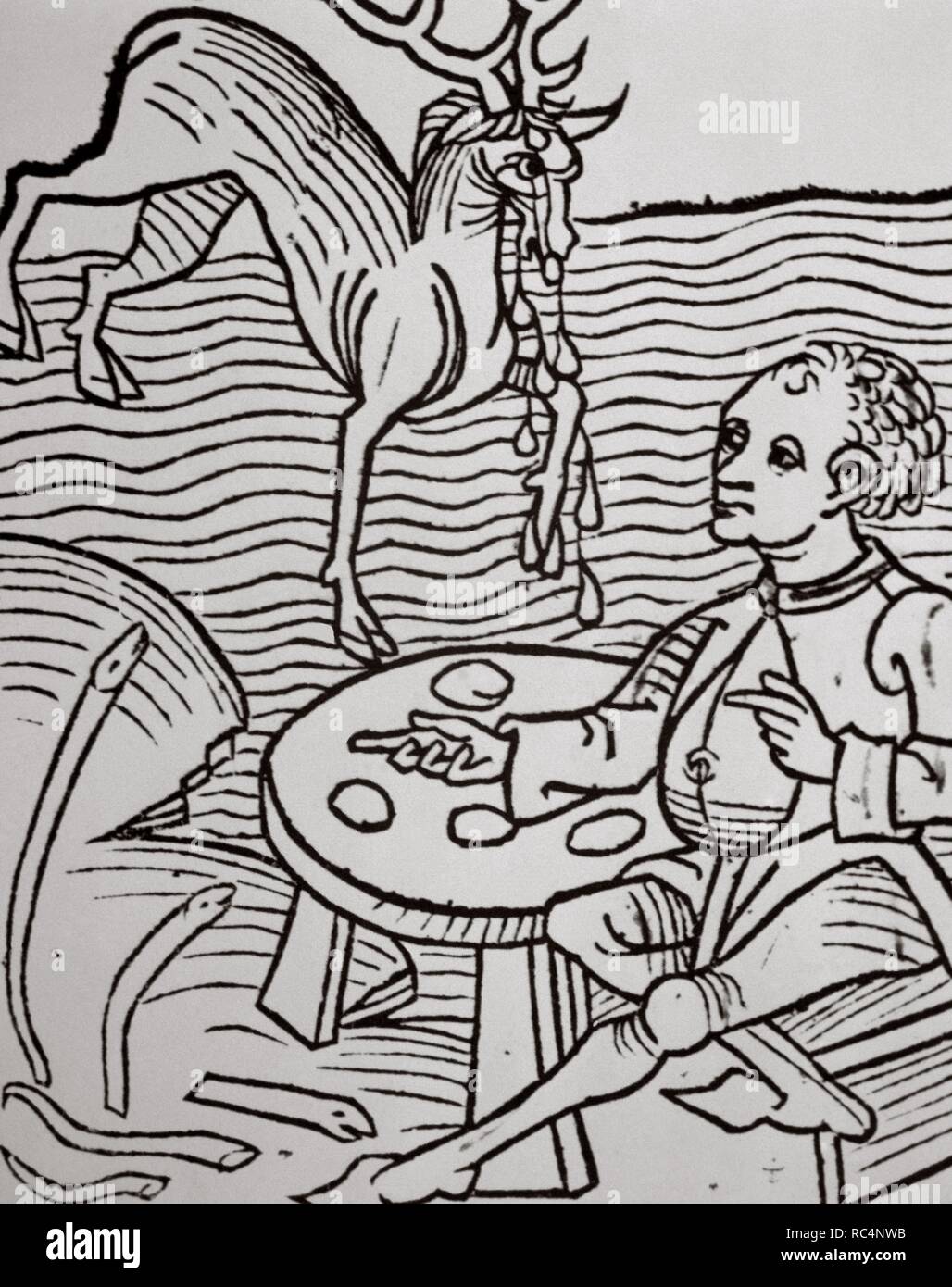 Un homme à la recherche d'un chevreuil de larmes pour être aphrodisiaque. Xilografia. Hortus Sanitatis par Johannes de Cuba (1430-1503). 15e siècle. Banque D'Images