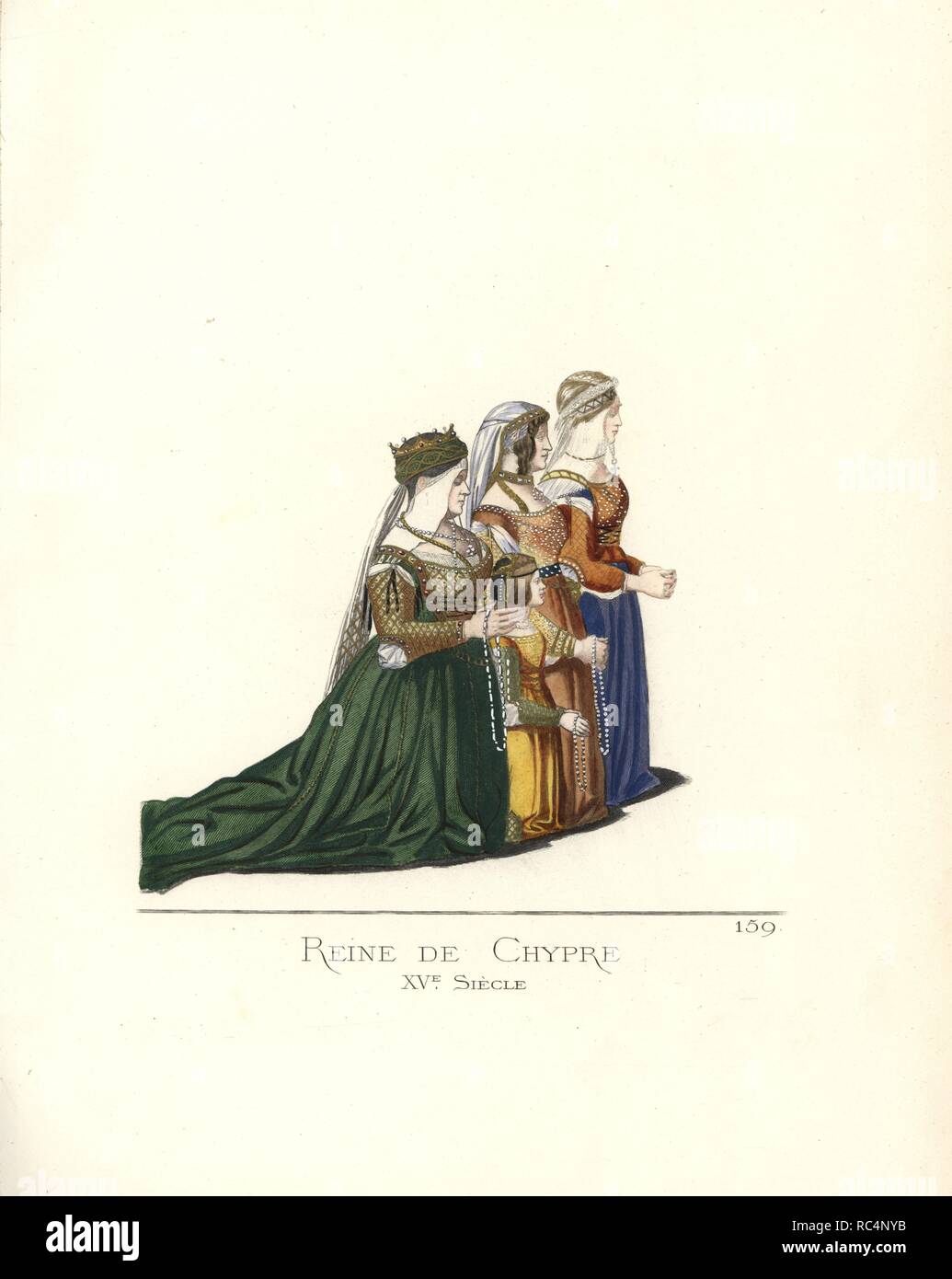 Catherine Cornaro, Reine de Chypre avec mesdames vénitienne, 15ème siècle. Elle porte une couronne de pierres précieuses sur un diadème vert, un voile sur ses épaules, corset et manches en tissu brodé d'or. D'après une peinture par Gentile Bellini à l'Académie des beaux-arts, Venise. Illustration dessinée et lithographiée coloriée par Paul Mercuri avec texte par Camille Bonnard de 'costumes historiques du 12ème au 15ème siècles,' Levy Fils, Paris, 1861. Banque D'Images