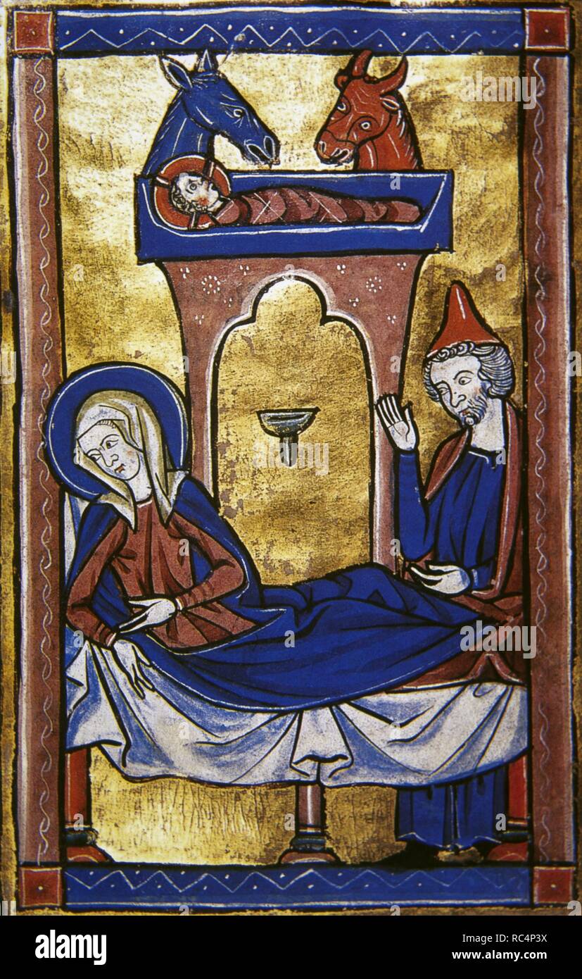 La nativité de Jésus. Sainte Famille (Enfant Jésus, sa mère, Marie, et son mari, Joseph qui prend soin de sa femme). L'âne et le boeuf sont généralement représentés dans la scène. Bethléem. Miniature, 13e siècle. Musée Condé. Chateau de Chantilly. La France. Banque D'Images