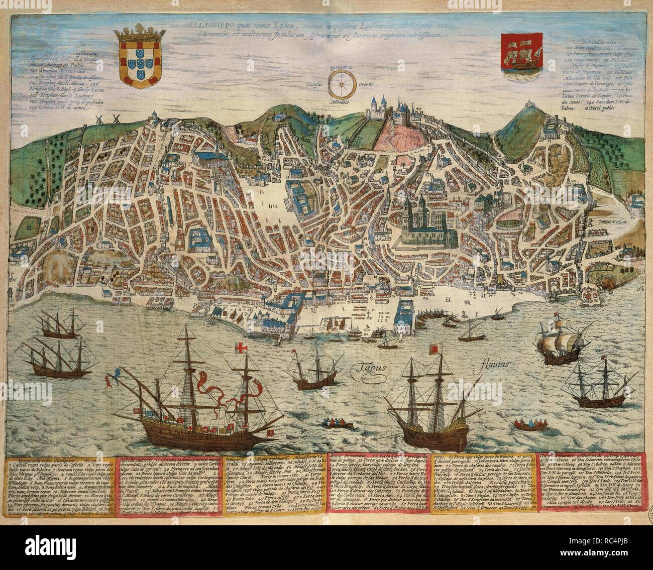 HISTORIA DE PORTUGAL. Vista de la ville de Lisboa con el RIO TAJO a finales del siglo XVI. 'Atlas Civitates Orbis Terrarum'. Obra de Braun y Hogenberg, 1576. Biblioteca de la Universidad de Salamanca. Castille-león. España. Banque D'Images