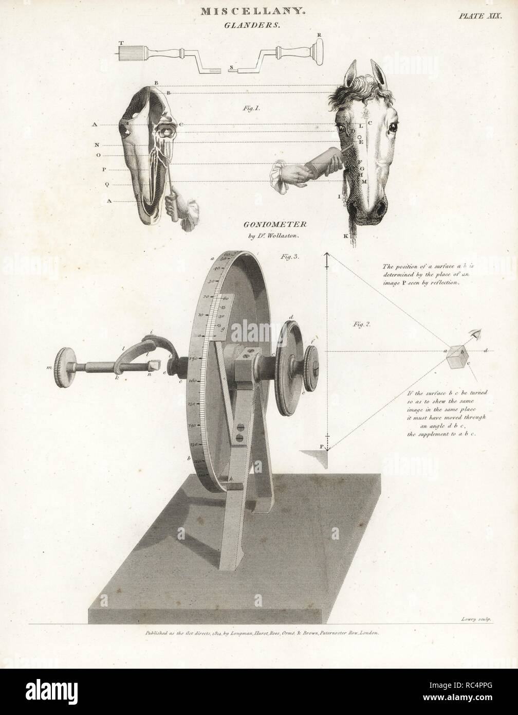 Appareils pour le traitement de la morve des chevaux et William Hyde Wollaston, réfléchissante du goniomètre pour la mesure des angles des cristaux minute avec précision. La gravure sur cuivre d'après un dessin de J. Farey d'Abraham Rees' Cyclopedia ou Dictionnaire Universel des Sciences, des arts et de la littérature, Longman, Hurst, Rees, Orme et Brown, Londres, 1814. Banque D'Images