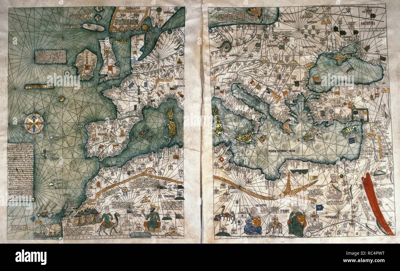 L'Atlas Catalan, 1375. Attribuée à la juif majorquin Abraham et les cartographes, Jehuda Cresques était service du roi d'Aragon. Bibliothèque Nationale de France, Paris. Banque D'Images