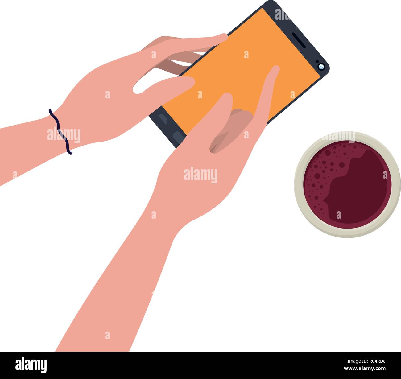 Mains avec le smartphone et l'icône isolé café Illustration de Vecteur