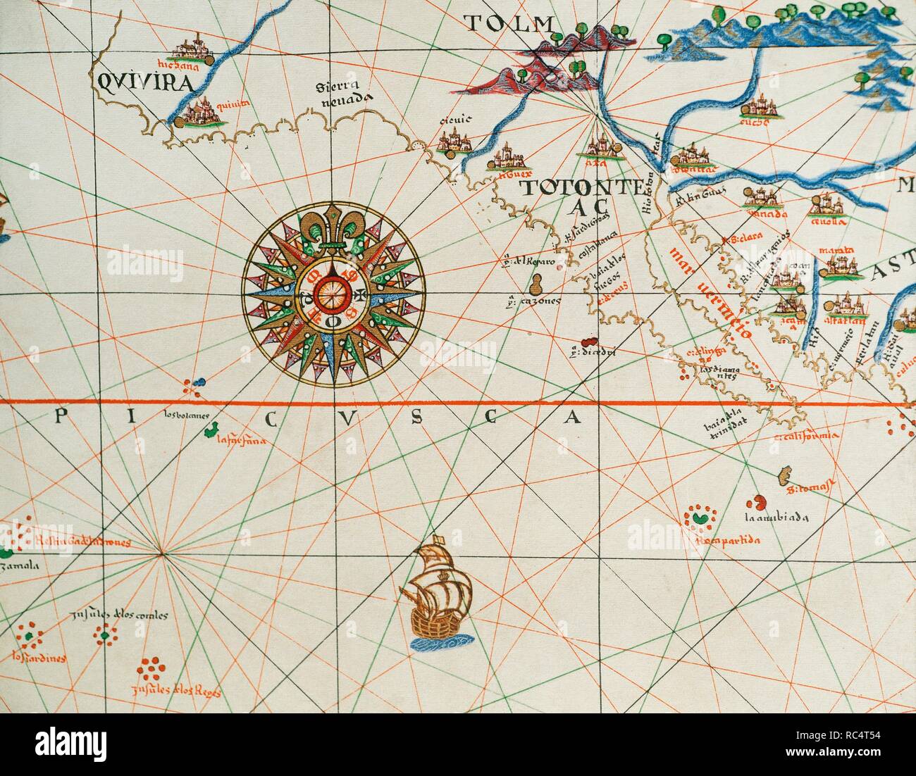 L'autre de haute et de Basse Californie et rose des vents. Carte marine. Atlas de Joan Martines, 1587. Dédié à Philippe II. L'École de Majorque. Banque D'Images