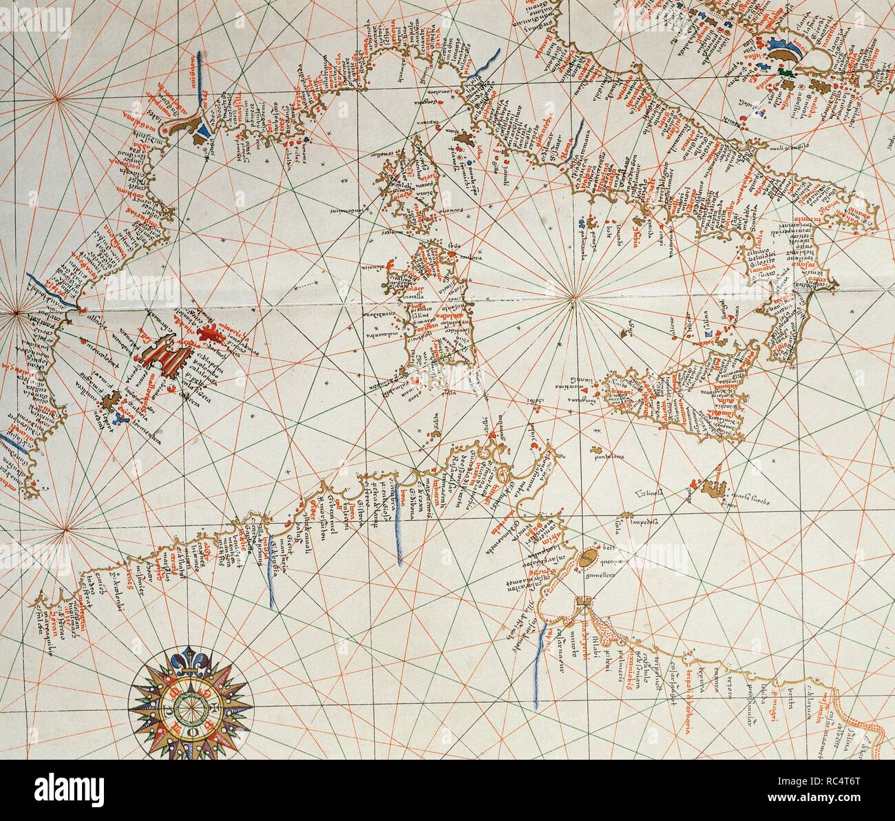 Carte marine. Atlas de Joan Martines, 1587. Dédié à Philippe II. L'École de Majorque. Détail : Western Medierranean. Banque D'Images