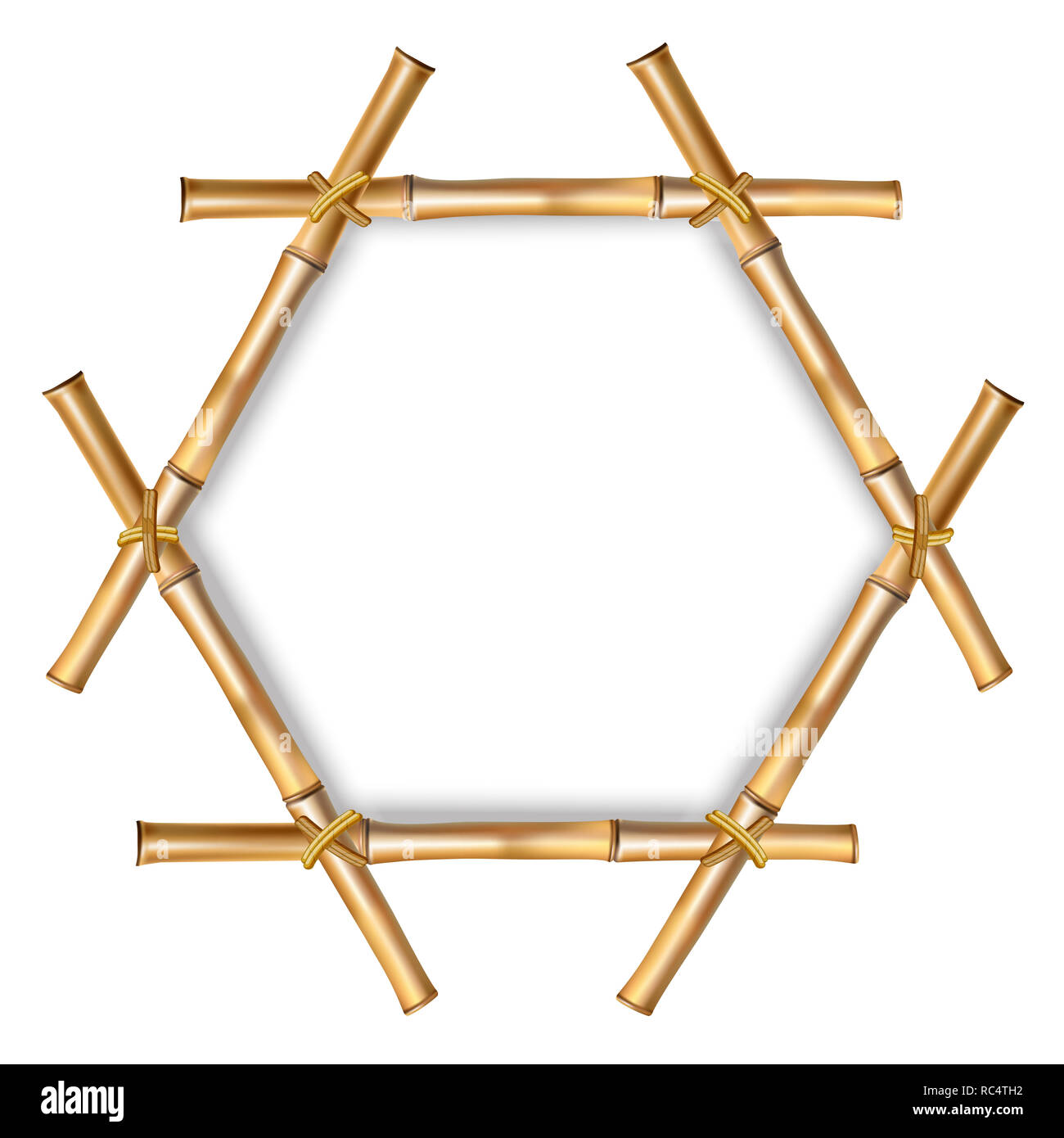En bois brun hexagonal border frame faite de tiges de bambou sec réaliste avec de la corde et copie vide de l'espace pour texte ou l'image. clip art, bannière, modèle o Banque D'Images