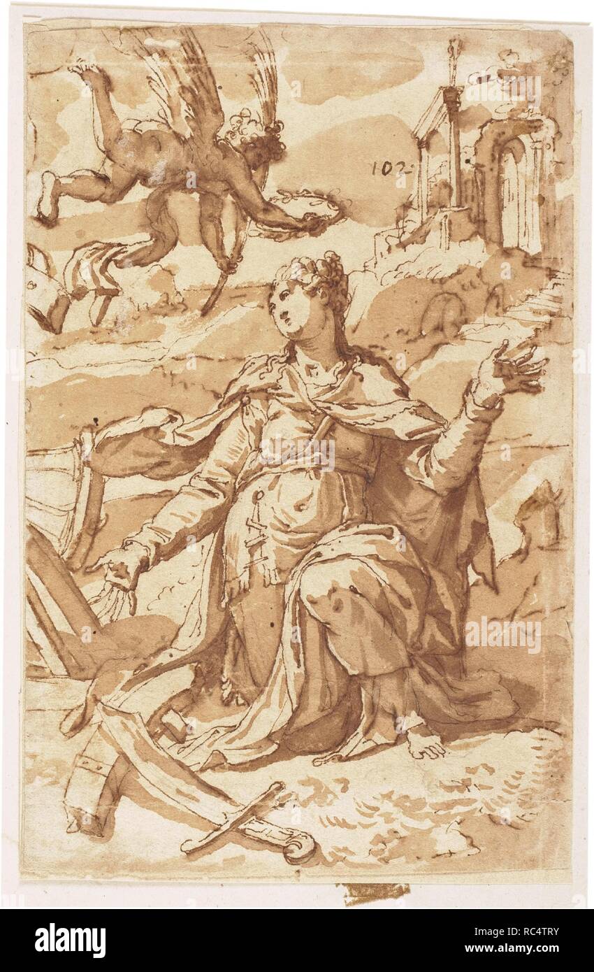 Anonyme / Catherine 'Saint'. XVI siècle. Lavez-gris-brun, crayon sur papier jaune. Musée : Musée du Prado, Madrid, España. Banque D'Images