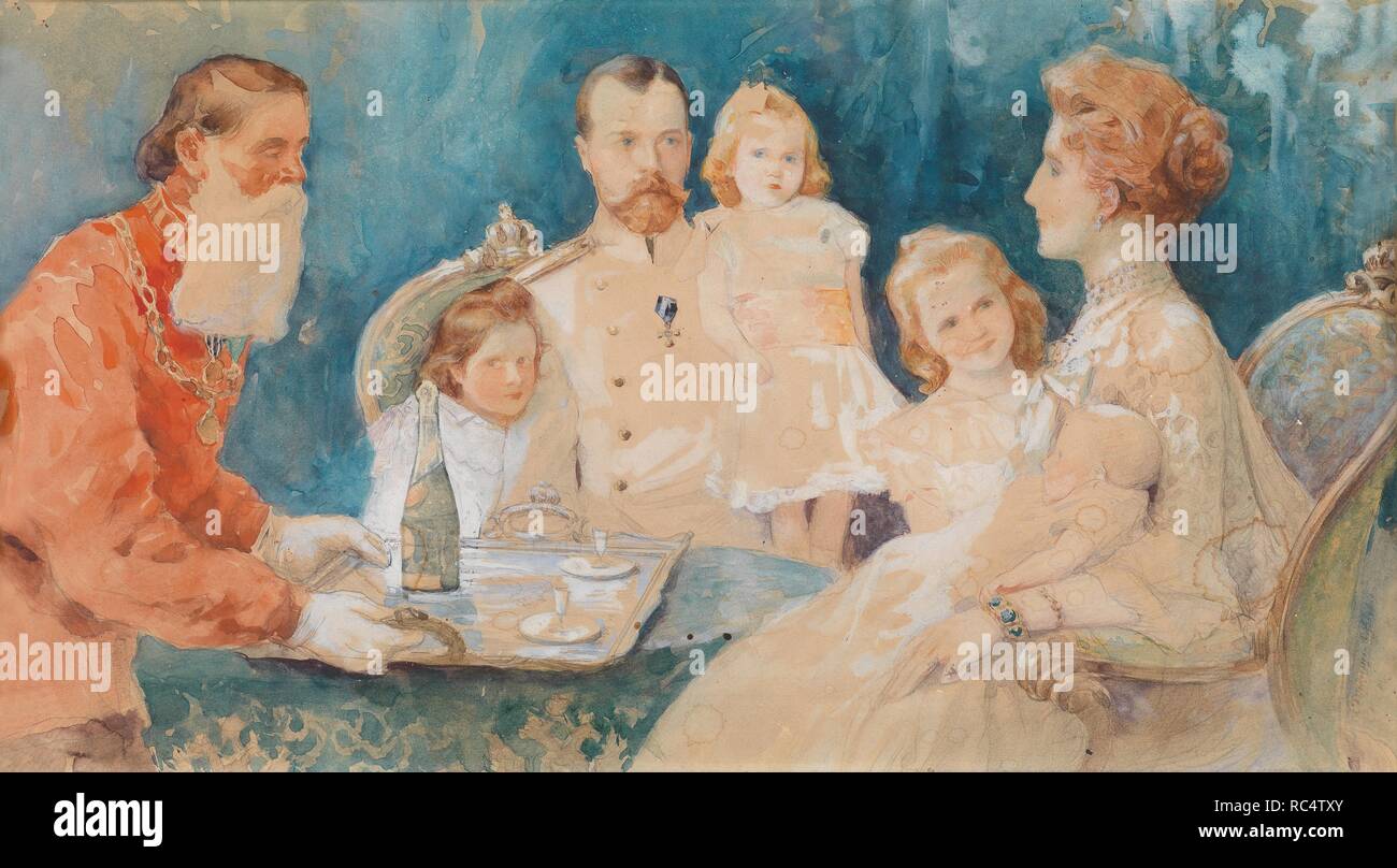 Le Tsar Nicolas II et Alexandra Fiodorovna avec leurs filles Olga, Tatiana, Maria et Anastasia (comme un bébé). Musée : collection privée. Auteur : Samokish-Sudkovskaya, Elena Petrovna. Banque D'Images