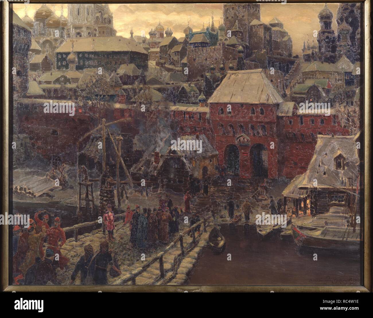 Moscou au 17ème siècle. Le pont Moskvoretsky et la porte d'eau. Musée : la Galerie nationale Tretiakov (Moscou). Auteur : Vasnetsov, Appolinari Mikhaïlovitch. Banque D'Images