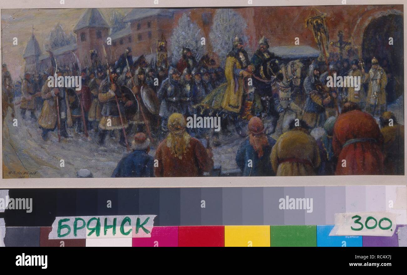 Arrivée d'Alexandre Nevsky dans Novgorod après la bataille de la glace. Musée : Musée d'art régional, Briansk. Auteur : Nesterov, Fiodor Panfilovich. Banque D'Images