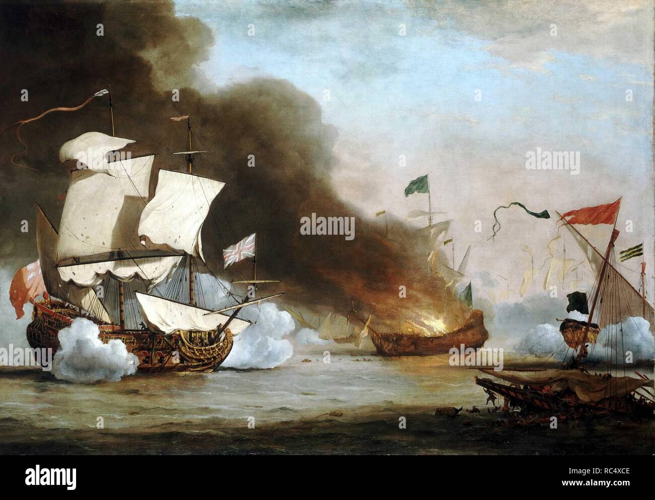 Un bateau anglais en action avec les corsaires barbaresques. Musée : collection privée. Auteur : Willem van de Velde, le plus jeune. Banque D'Images