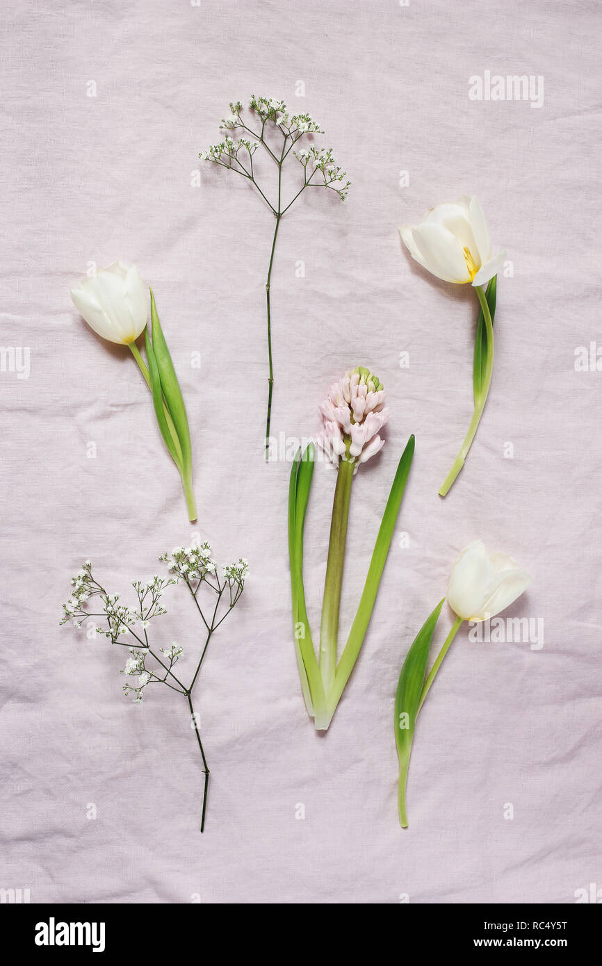 Printemps, la composition botanique Fleurs de Pâques. Gypsophile blanc, tulipes et jacinthes fleurs rose sur fond lin. Stock photo style. Mise à plat vertical, vue du dessus. Banque D'Images