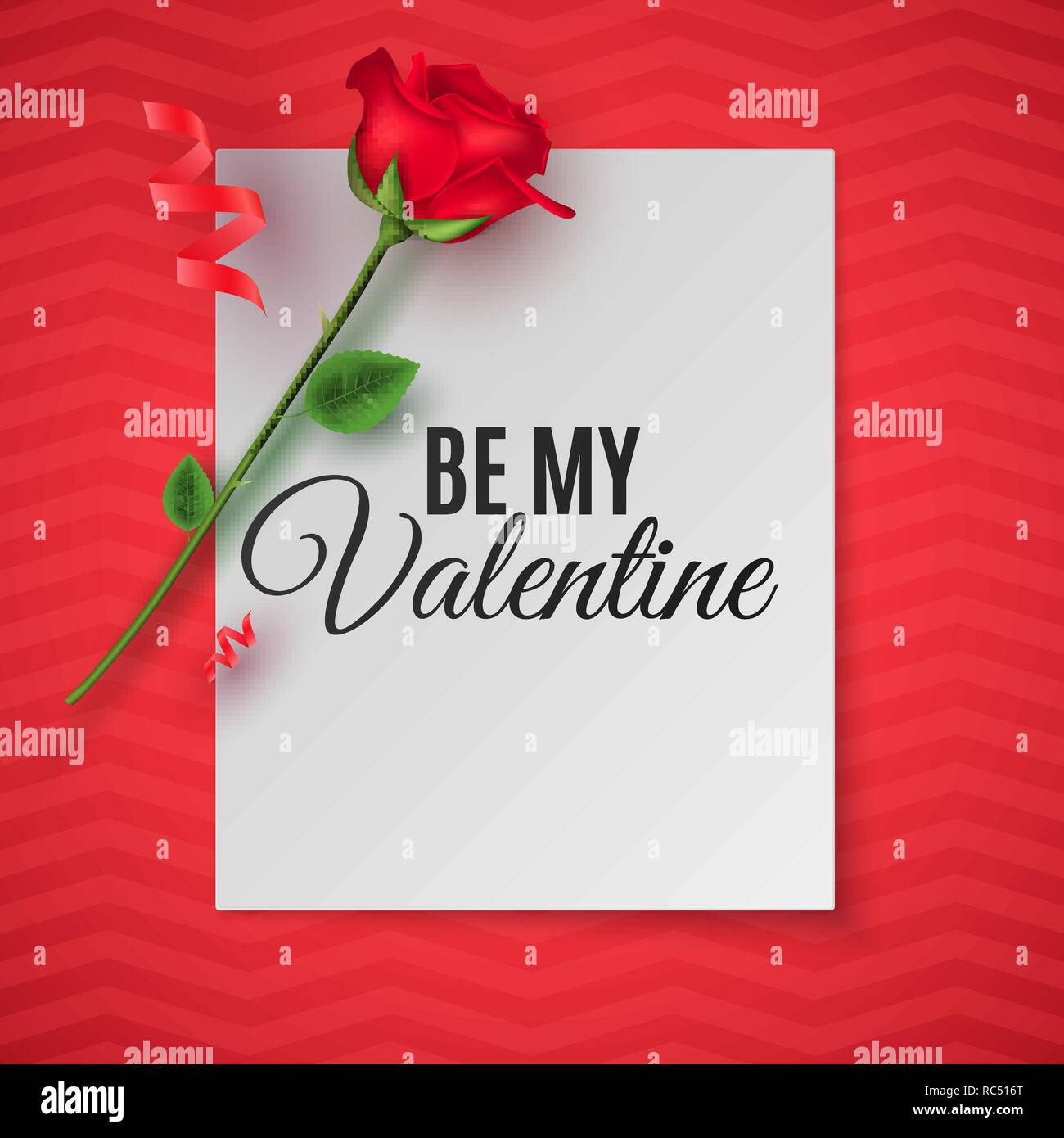 Saint-valentin carte de vœux. Vue d'en haut. Composition romantique. Note papier avec l'inscription être mon Valentin et rose fleur. Serpentine rouge. Vector Illustration de Vecteur