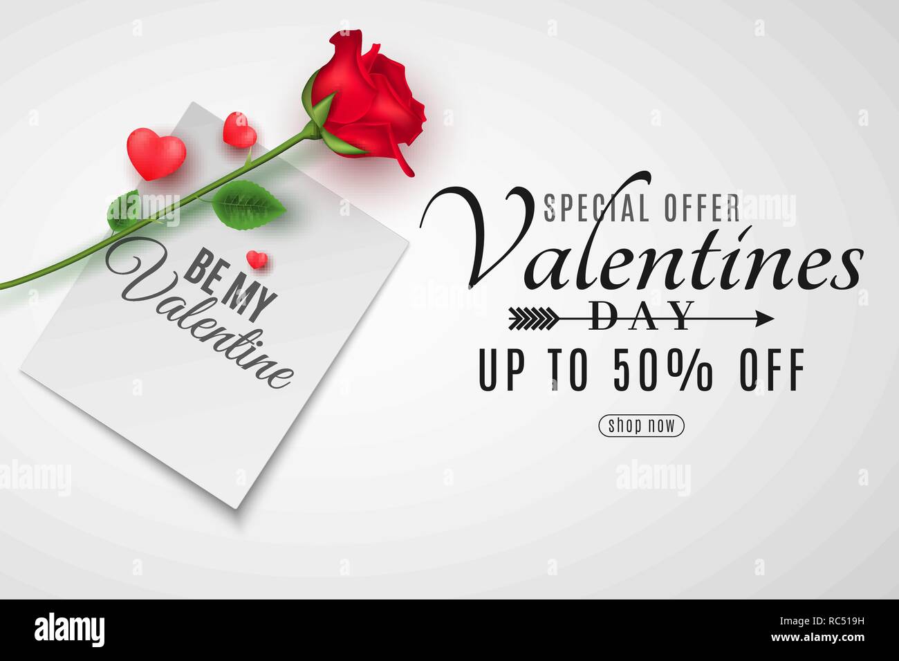 Saint-valentin couvrir pour la vente. Vue d'en haut. Composition romantique. Note papier avec l'inscription être mon Valentin et rose fleur. Coeurs 3D. De spécial Illustration de Vecteur