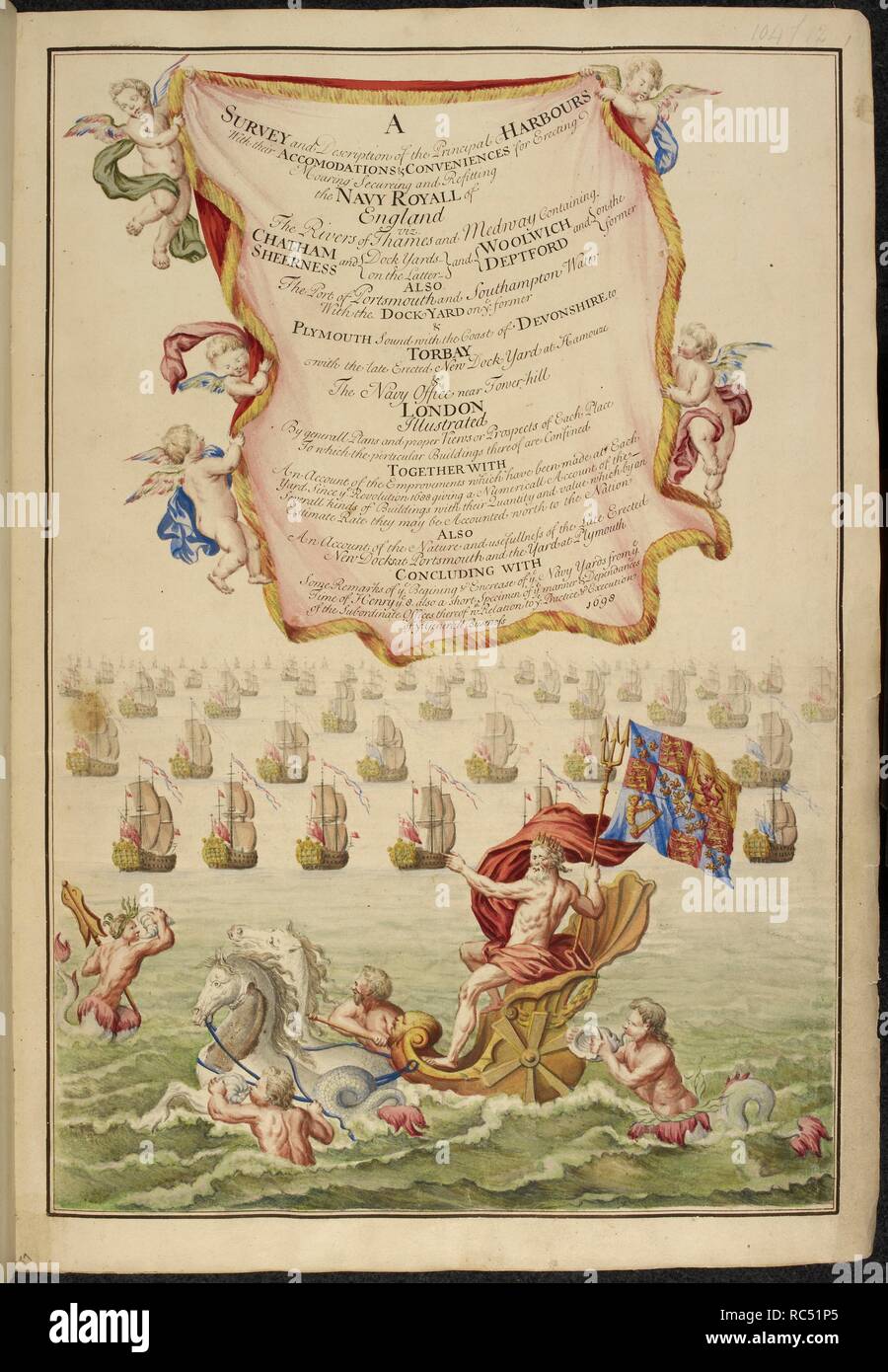 Titlepage pour une enquête sur les ports de la Marine royale en Angleterre. Une liste de ports et les ports, et d'une vue sur les navires en mer. Les créatures de la mer mythique. 1688. 'Une enquête et Description des principaux ports... Une enquête et Description des principaux ports avec leurs chambres et les commodités offertes par l'établissement de l'érection, l'moaring secureing, et repose la Marine Royall d'Angleterre ... illustré par les plans et vues generall adéquate ou les perspectives de chaque lieu. . . Avec un compte de l'emprovements qui ont été faites à chaque chantier depuis la révolution 1688", rédigé en 1698. Les vues sont soigneusement Banque D'Images