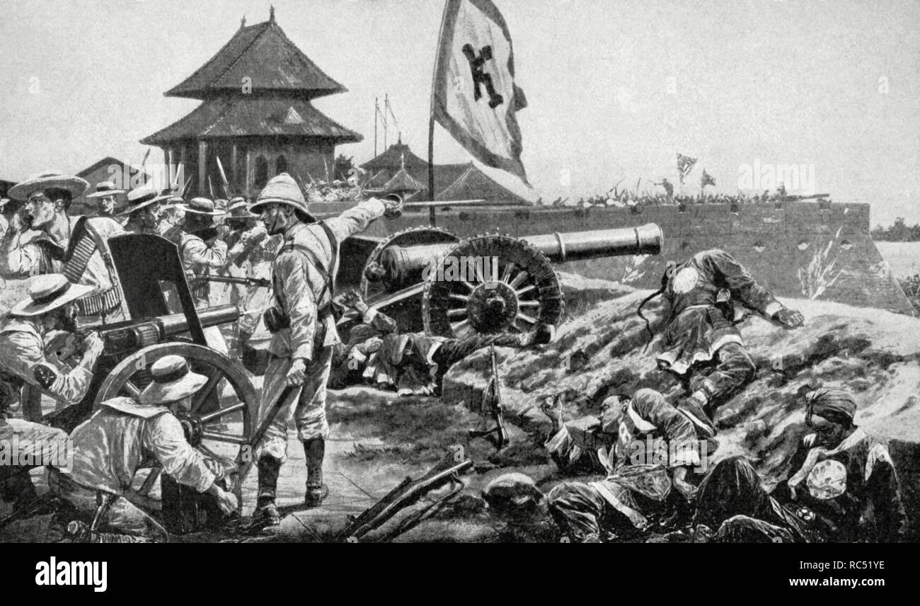 Révolte des boxers (1899-1901). Les troupes occidentales défendent leurs  positions dans le quartier de les légations de Pékin assiégées par les  boxeurs rebelles. La gravure Photo Stock - Alamy