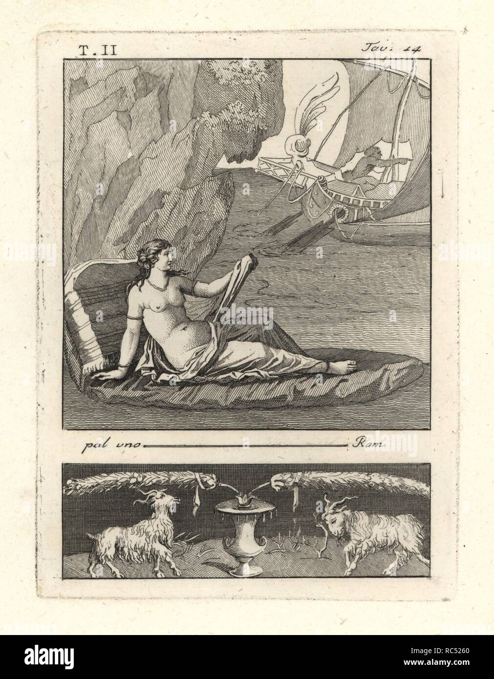 L'abandon d'Ariane sur l'île de Naxos par Thésée sur une galère. La gravure sur cuivre par Tommaso Piroli de ses antiquités de Herculanum (Antichita di Ercolano), Rome, 1789. Banque D'Images