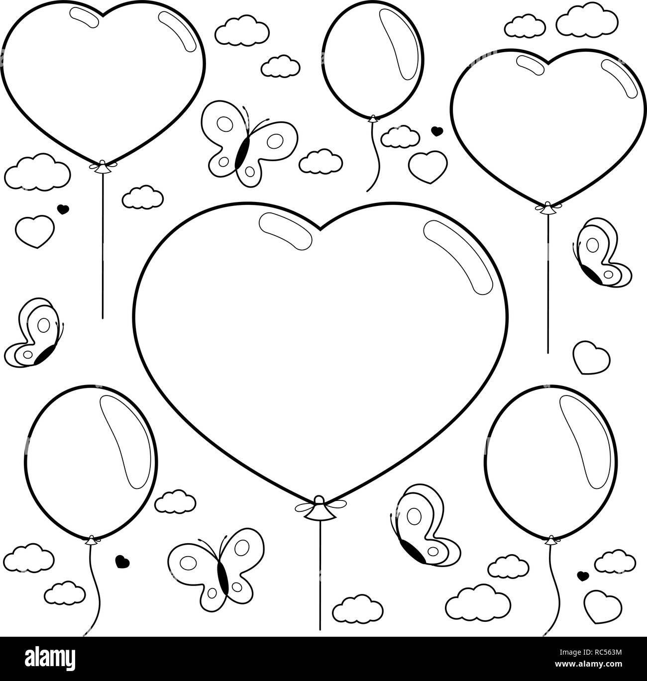 Ballons en forme de coeur et de papillons volant dans le ciel. En noir et blanc vectoriel page à colorier Illustration de Vecteur