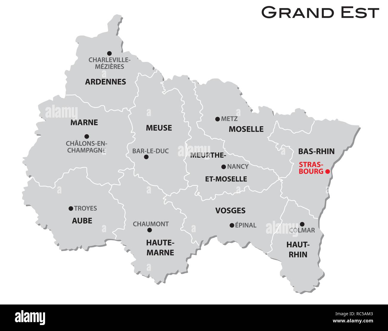 Gris simple carte administrative de la nouvelle région Grand Est Image ...