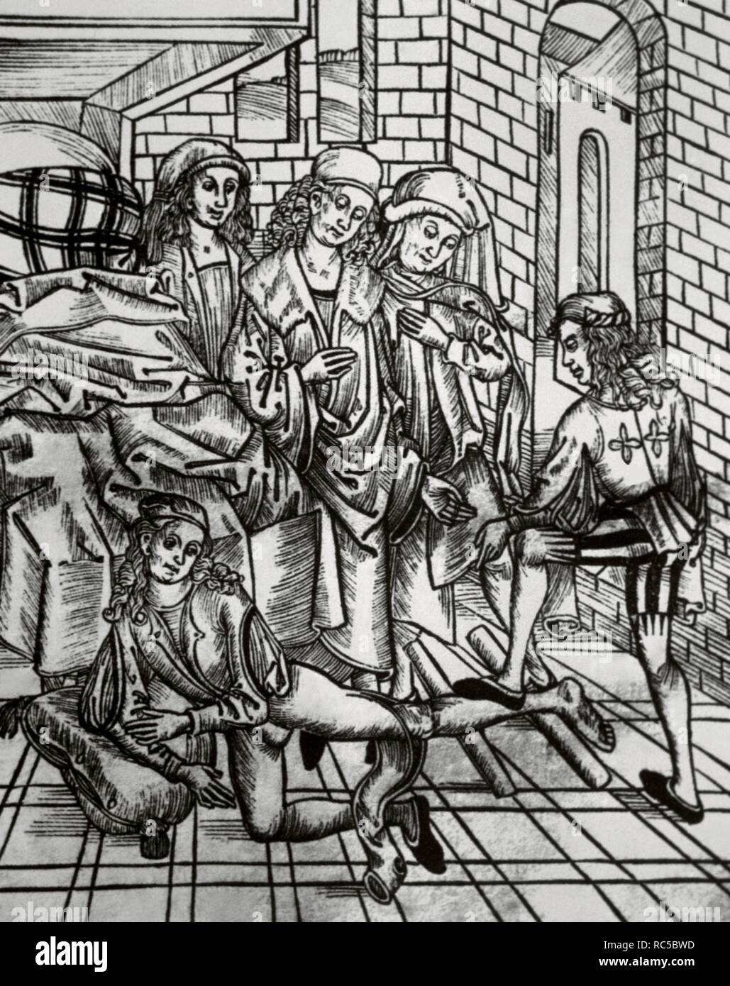 La médecine. 15e siècle. Traitement d'une fracture de la jambe d'os. Gravure sur bois dans 'Dies ist das Buch der chirurgia' (c'est le livre de la chirurgie). Banque D'Images