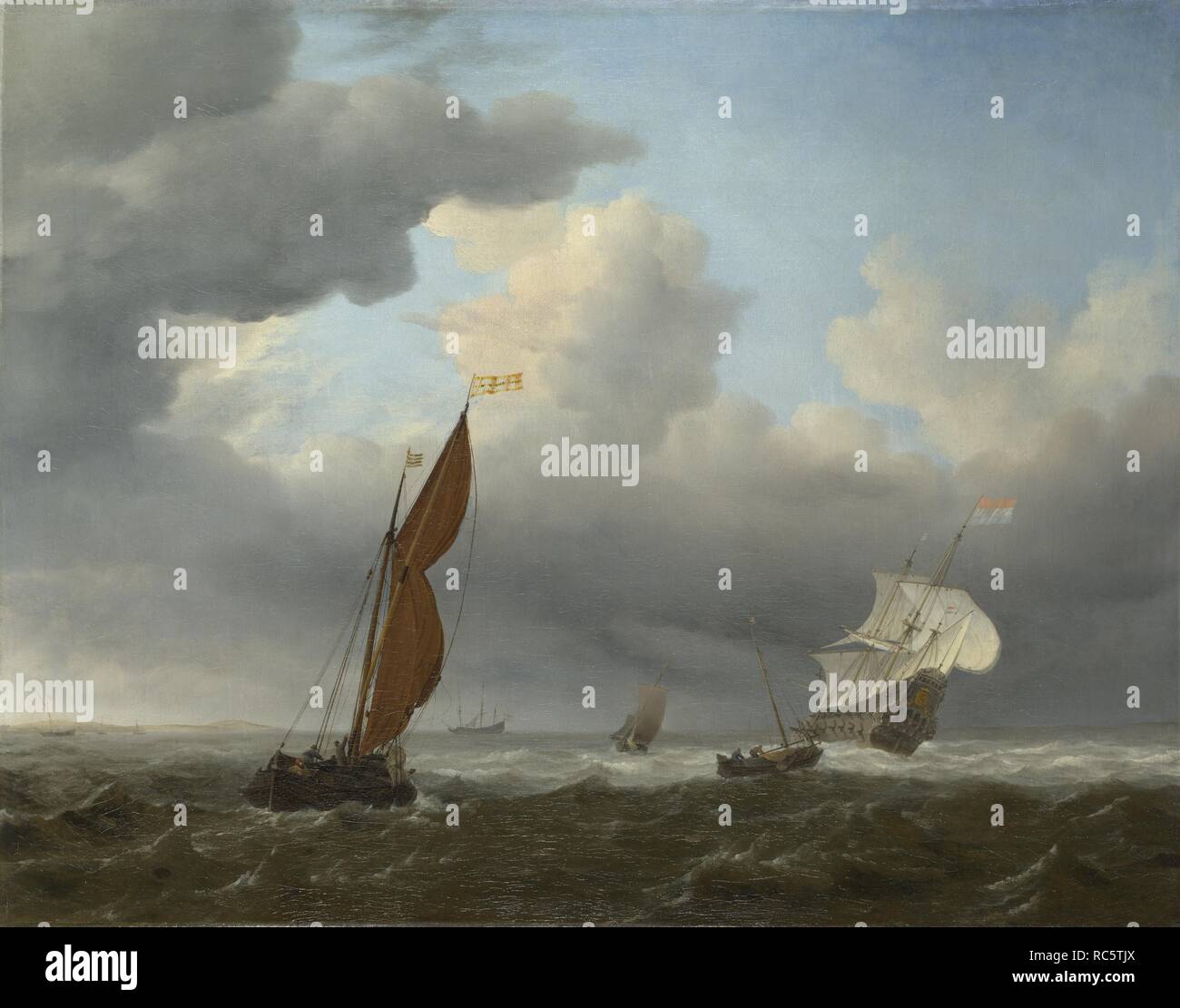 Un navire néerlandais et d'autres petits bateaux dans une forte brise. Musée : National Gallery, Londres. Auteur : Willem van de Velde, le plus jeune. Banque D'Images
