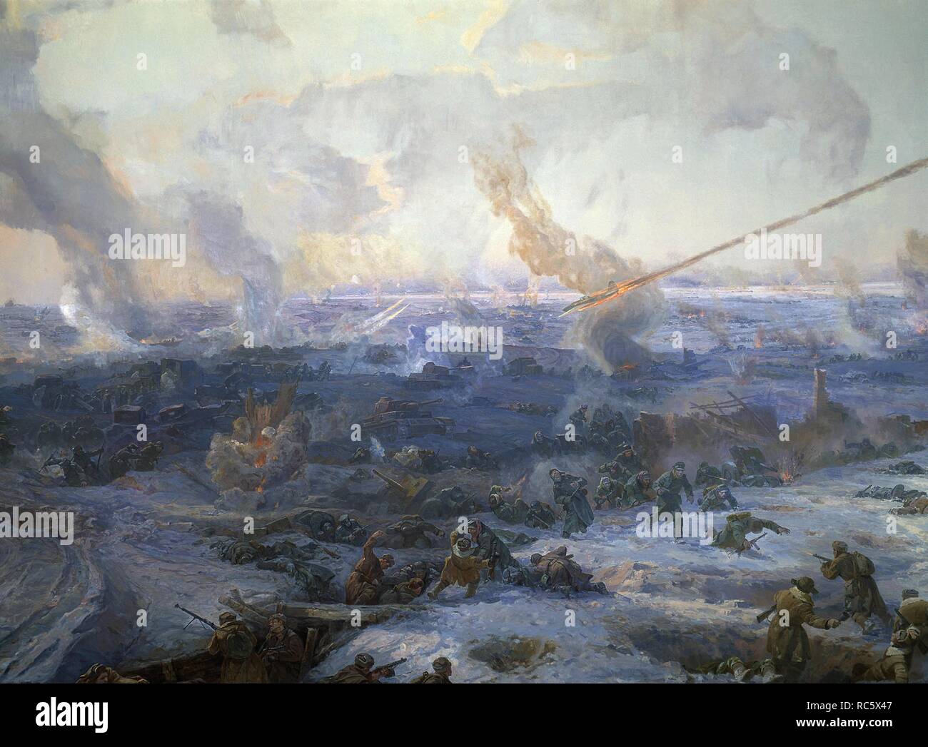 Panorama de la bataille de Stalingrad (détail). Musée : Musée Panoramique "Bataille de Stalingrad", Volgograd. Auteur : Mais, Nikolaï Iakovlevitch. Banque D'Images