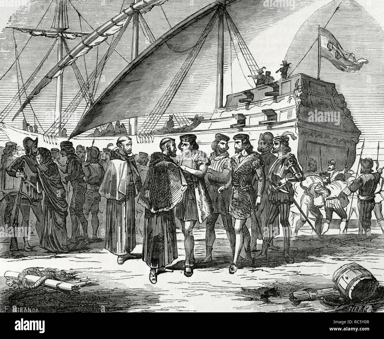 Cristóbal Colón (1451 ? -1506). Navegante, l'almirante, virrey y gobernador General de las Indias Occidentales al servicio de la Corona de Castilla. Descubridor de América. Colón se embarca en El Puerto de Palos de la Frontera, Andalousie el 3 de agosto de 1492 para descubrir América. Dibujo por Fernando Miranda. Gravure por la Sierra. Crónica general de España, Historia Ilustrada Descriptiva y de sus Provincias. L'Andalousie, 1867. Biblioteca Histórico Militar de Barcelone, Catalogne, Espagne. Banque D'Images