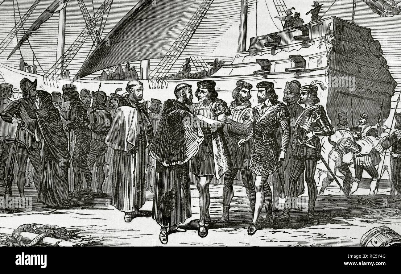 Cristóbal Colón (1451 ? -1506). Navegante, l'almirante, virrey y gobernador General de las Indias Occidentales al servicio de la Corona de Castilla. Descubridor de América. Colón se embarca en El Puerto de Palos de la Frontera, Andalousie el 3 de agosto de 1492 para descubrir América. Dibujo por Fernando Miranda, detalle. Gravure por la Sierra. Crónica general de España, Historia Ilustrada Descriptiva y de sus Provincias. L'Andalousie, 1867. Biblioteca Histórico Militar de Barcelone, Catalogne, Espagne. Banque D'Images