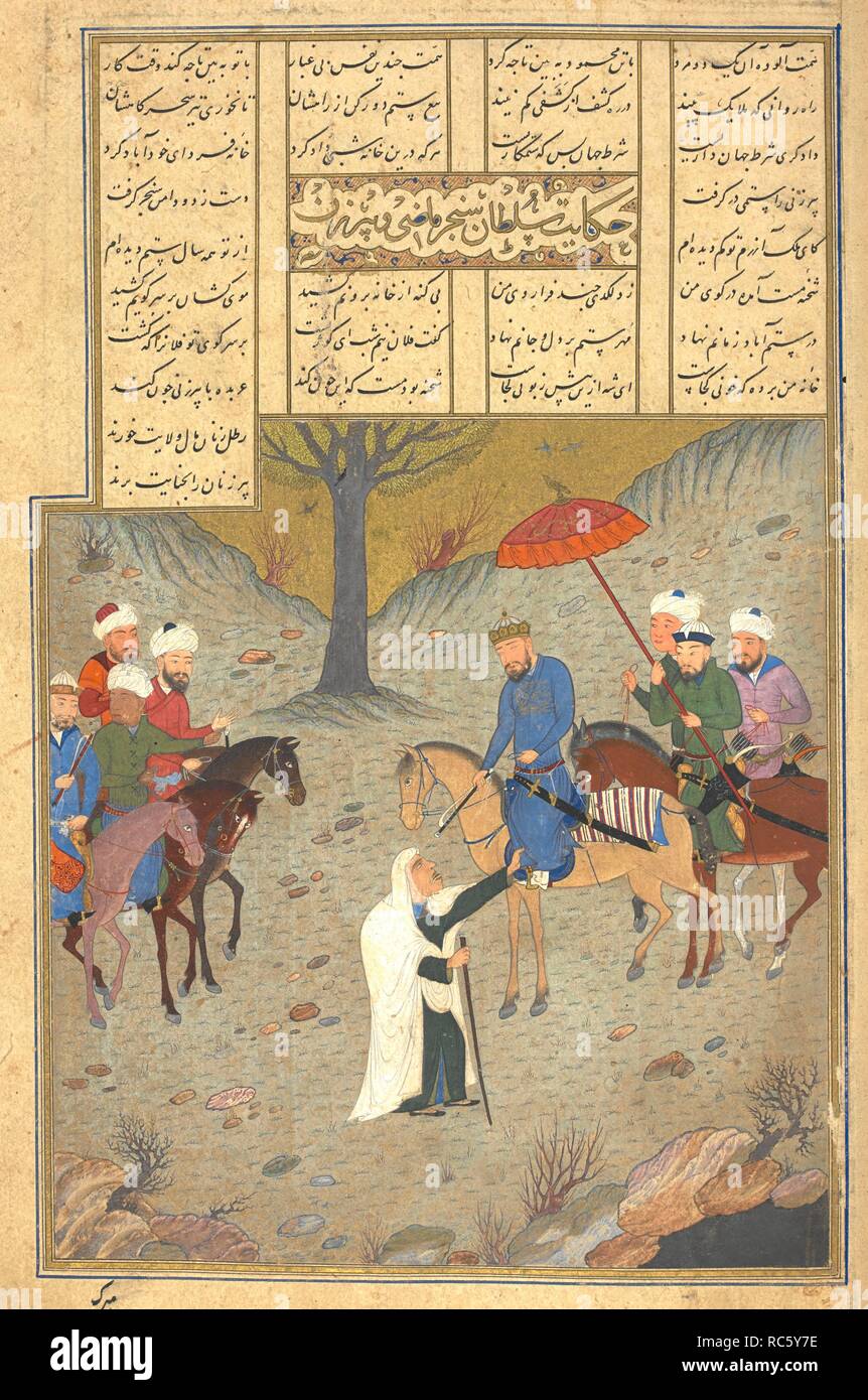 (Â€™Makhzan al-asrarâ€™). Sultan Sanjar et la vieille femme. Khamsa. ('Cinq Poèmes'), par Nizami. Herat, 1494-1495. Aquarelle opaque. Source : Ou. 6810, f.16. Langue : Persan. Auteur : NIZAMI. ANON. Banque D'Images