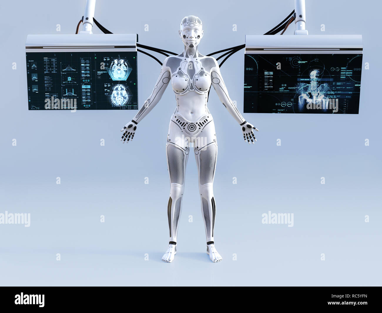 Le rendu 3D d'un robot femme debout avec les yeux fermés. Il est connecté à deux écrans pour la numérisation ou de charge son intelligence artificielle. Futuris Banque D'Images