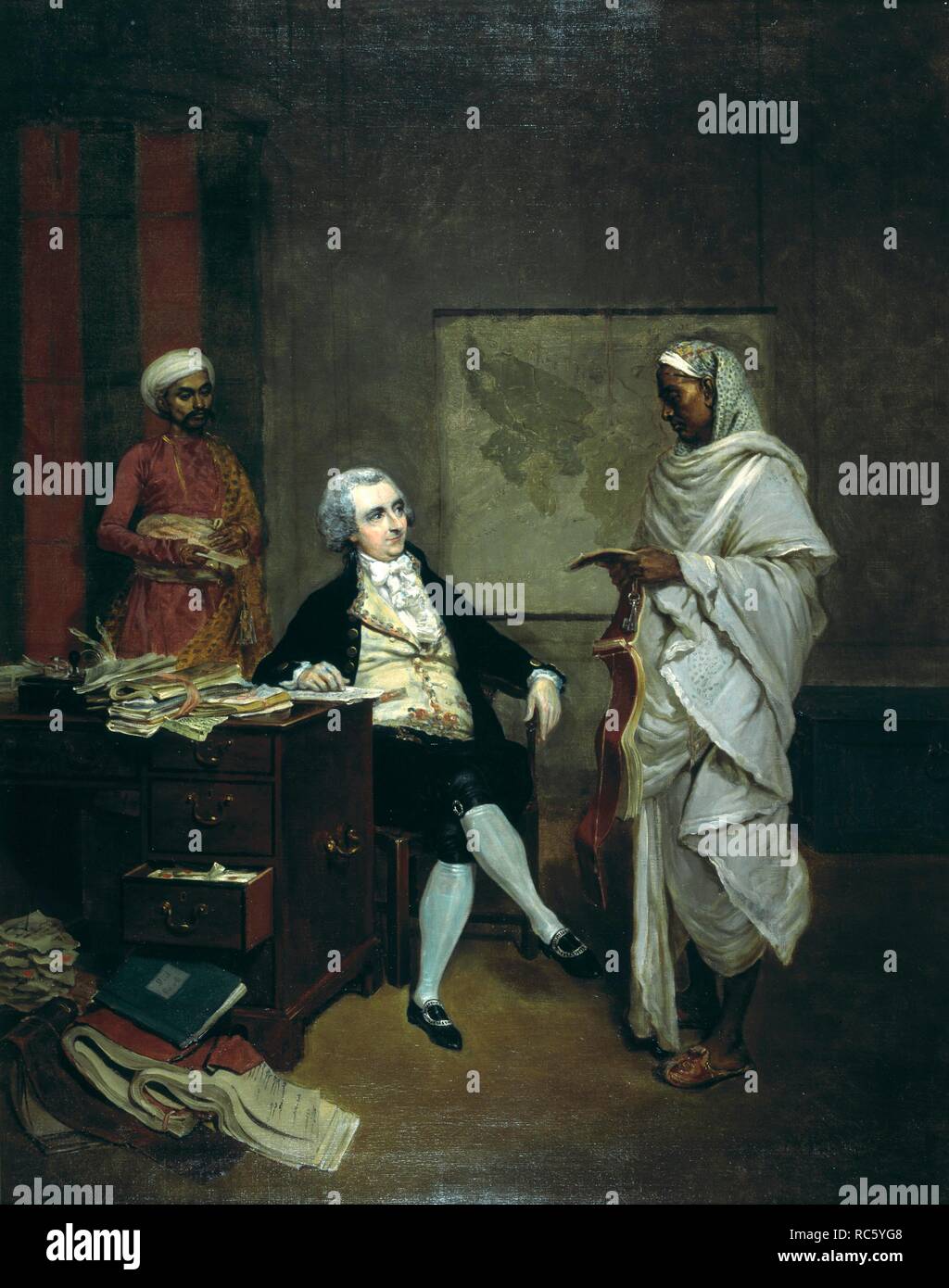 John Mowbray, Calcutta, marchand, assis à un bureau avec des piles de livres de compte, assisté par un banian ou argent agent et messenger. c.1790. Huile sur toile. Source : Foster, 638. Auteur : Thomas Hickey. Banque D'Images