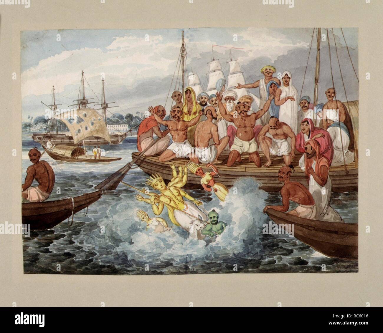 Durga. c.1820. Inédite par d'Oilly pour son poème humoristique 'Tom Matières le Griffin'. L'image de Durga être moulé dans de l'Hooghly à la fin de la Durga Puja festival. L'aquarelle. L'école britannique. 16.7 par 23 cm. Publié à l'origine/produit dans c.1820. . Source : RM, 3772. Auteur : Sir Charles D'Oilly. Banque D'Images