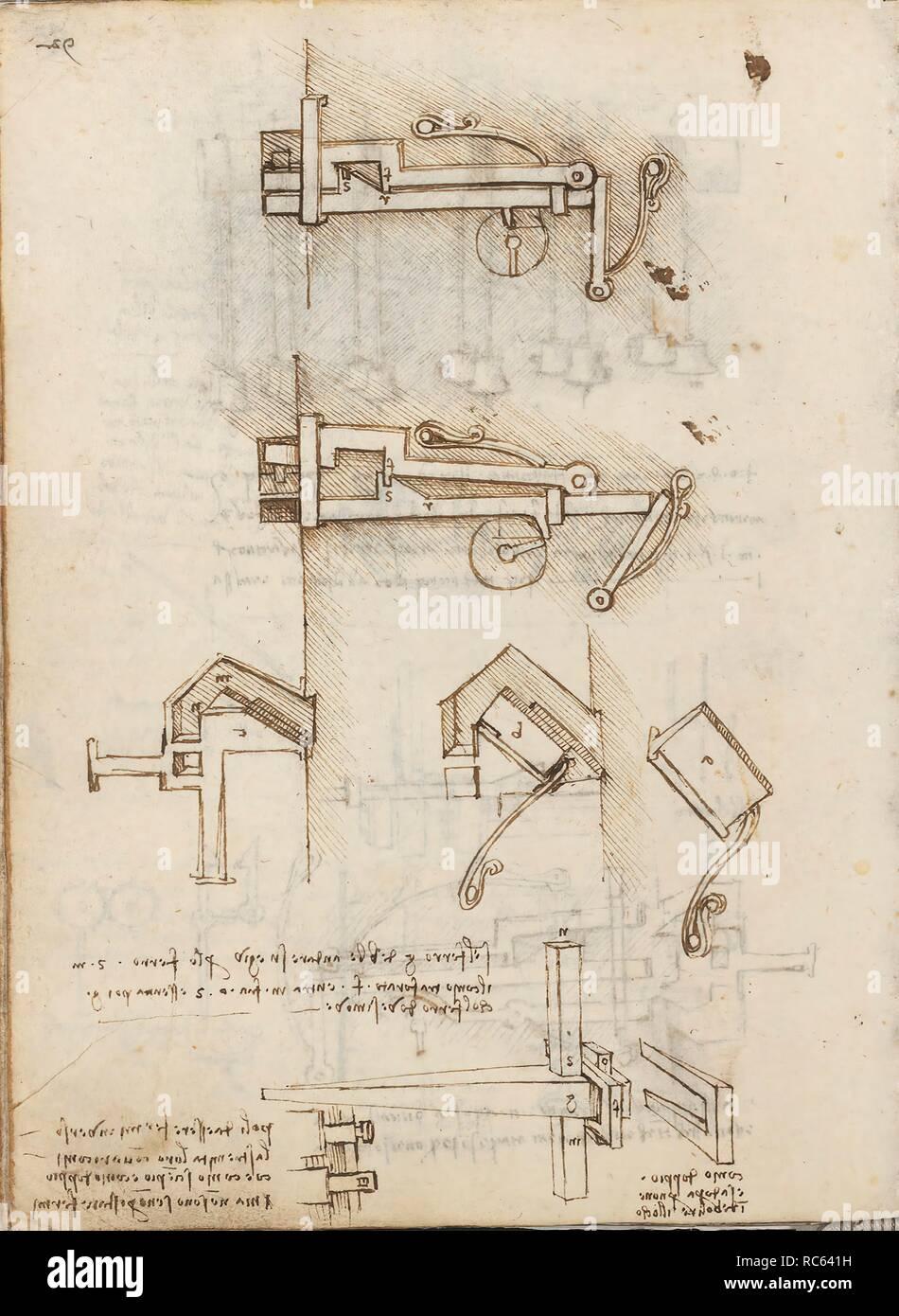 Folio f 99v. Le Codex Madrid I (Mme 8937) "traité de la statique et la mécanique', 192 folios avec 384 pages. Format interne : 215 x 145 mm. Mécanique appliquée (composants). Mécanique appliquée (MACHINES ET INTELLIGENCE). MENTION DE MATÉRIAUX. Musée : BIBLIOTECA NACIONAL DE ESPAÑA, MADRID. Auteur : LÉONARD DE VINCI. Banque D'Images