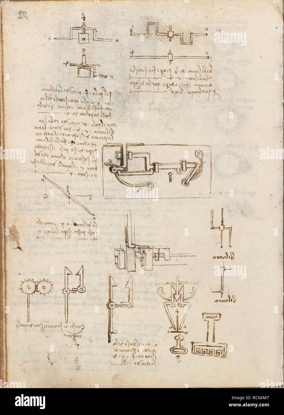 Folio f 98v. Le Codex Madrid I (Mme 8937) "traité de la statique et la mécanique', 192 folios avec 384 pages. Format interne : 215 x 145 mm. Mécanique appliquée (composants). Mécanique appliquée (MACHINES ET INTELLIGENCE). Principes de la mécanique, la cinématique, LA DYNAMIQUE. Musée : BIBLIOTECA NACIONAL DE ESPAÑA, MADRID. Auteur : LÉONARD DE VINCI. Banque D'Images