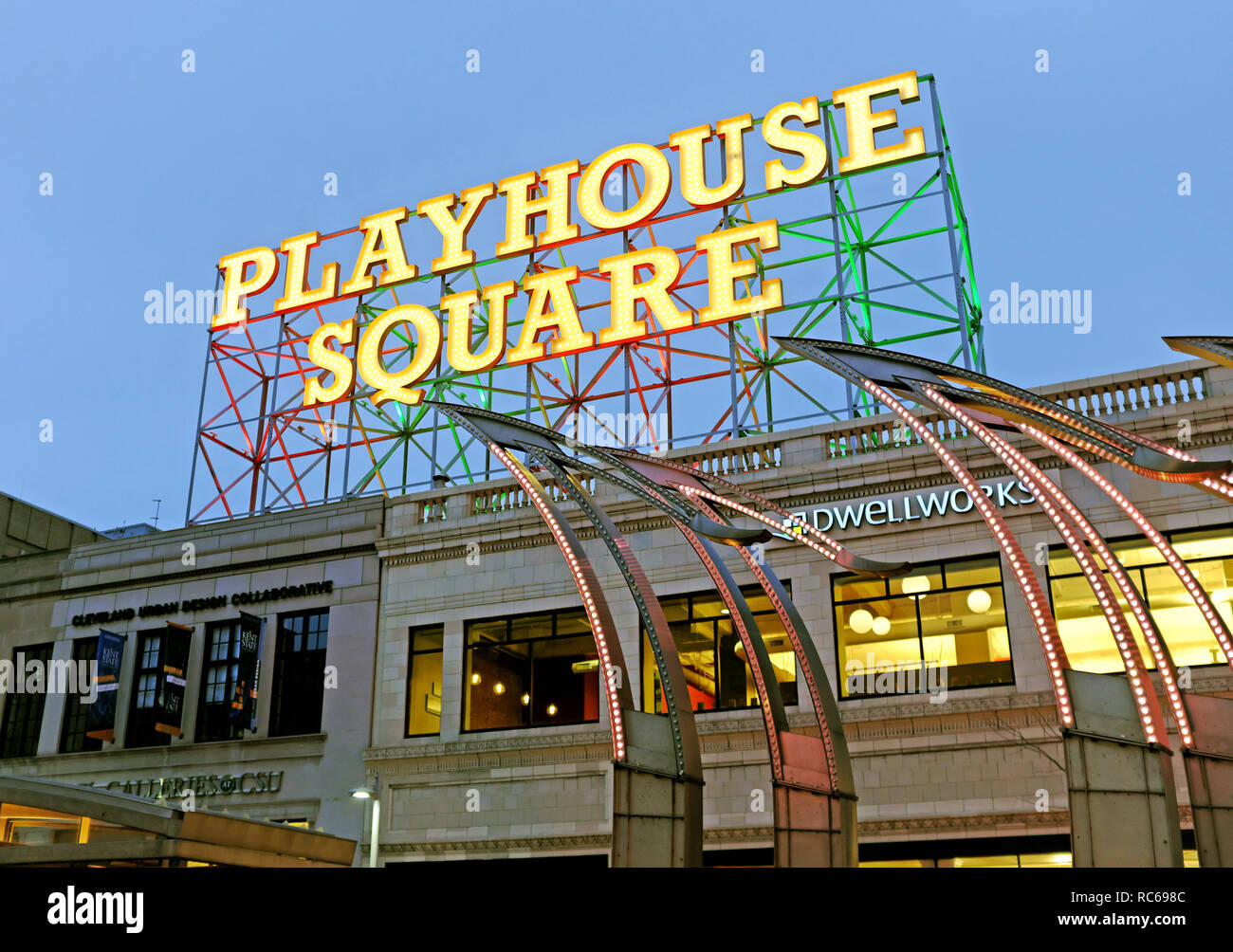 Le Cleveland Playhouse Square signalisation emblématique dans le centre-ville de Cleveland, Ohio, USA Theatre district. Banque D'Images