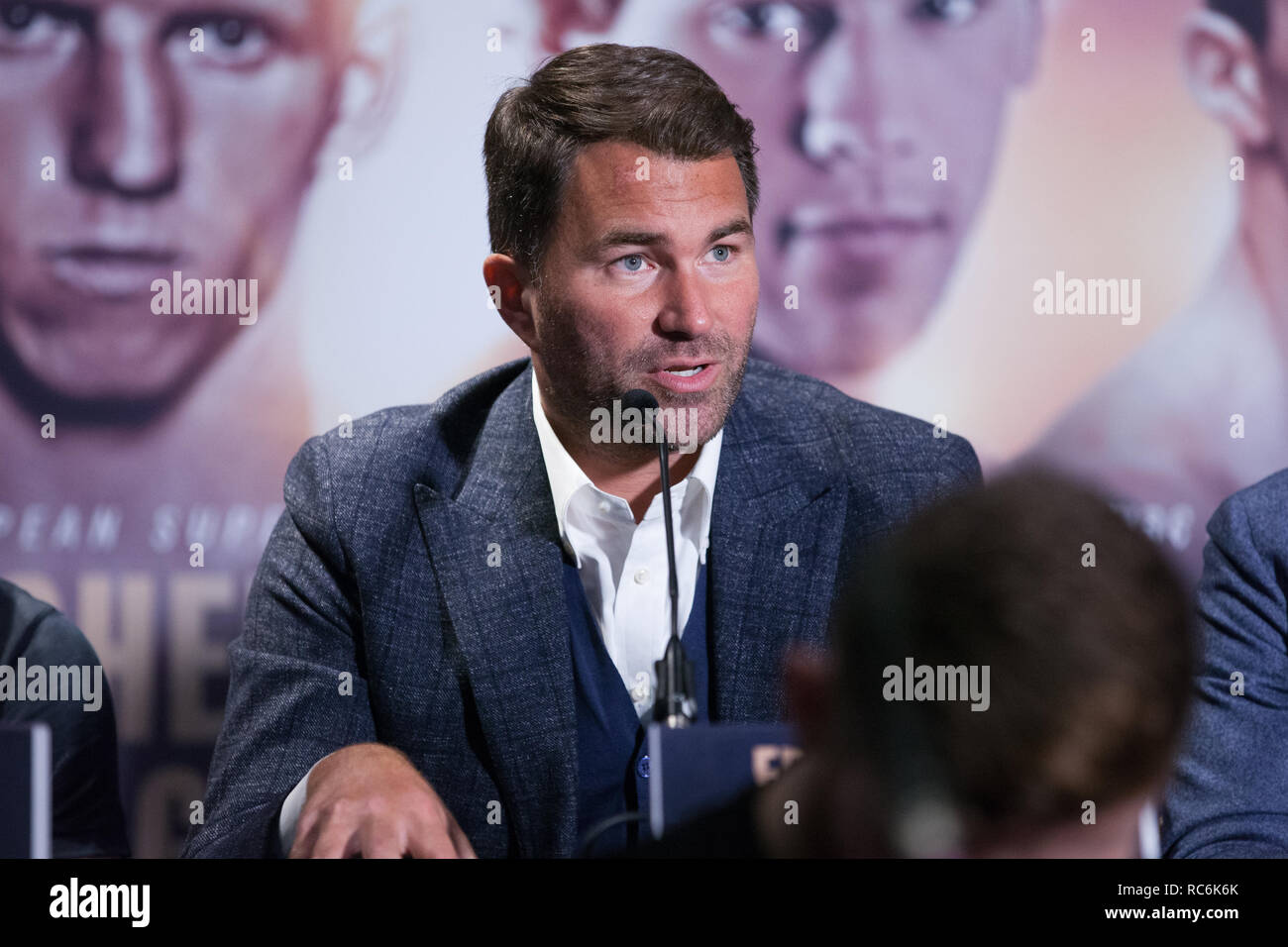 Londres, Royaume-Uni. 14 janvier, 2019. Promoteur de boxe Eddie Hearn parle lors d'une conférence de presse pour promouvoir une carte boxe dirigée par un Super-Welterweight concours Championnat Européen entre Ted Cheeseman et Sergio Garcia au 02 le 2 février. Credit : Mark Kerrison/Alamy Live News Banque D'Images