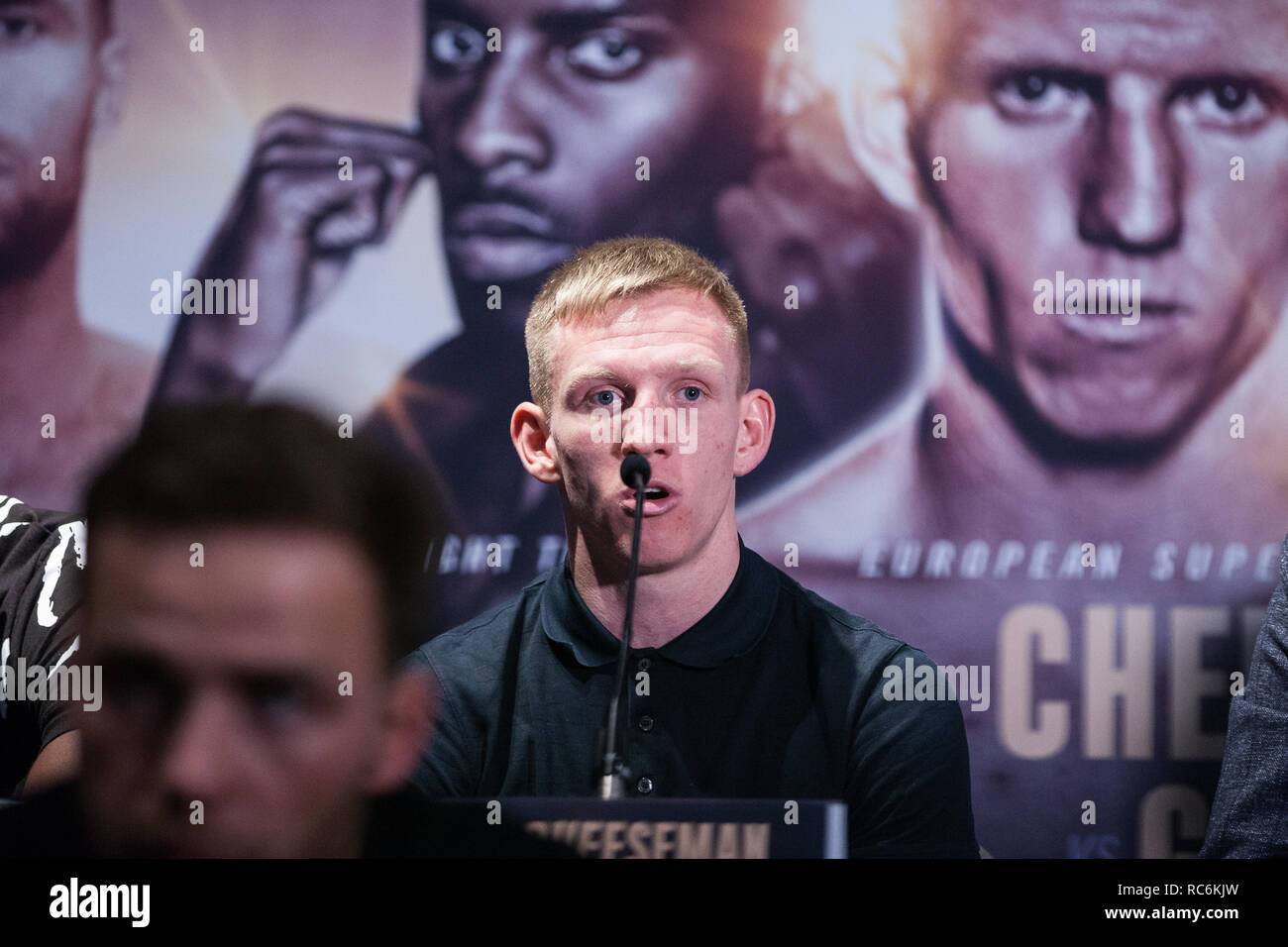 Londres, Royaume-Uni. 14 janvier, 2019. Ted Cheeseman parle à la conférence de presse pour une carte à la boxe Matchroom 02 le 2 février, où il sera à la tête de la loi dans un 12 x 3 minutes contre l'Super-Welterweight concours européen Champion Sergio Garcia. Credit : Mark Kerrison/Alamy Live News Banque D'Images