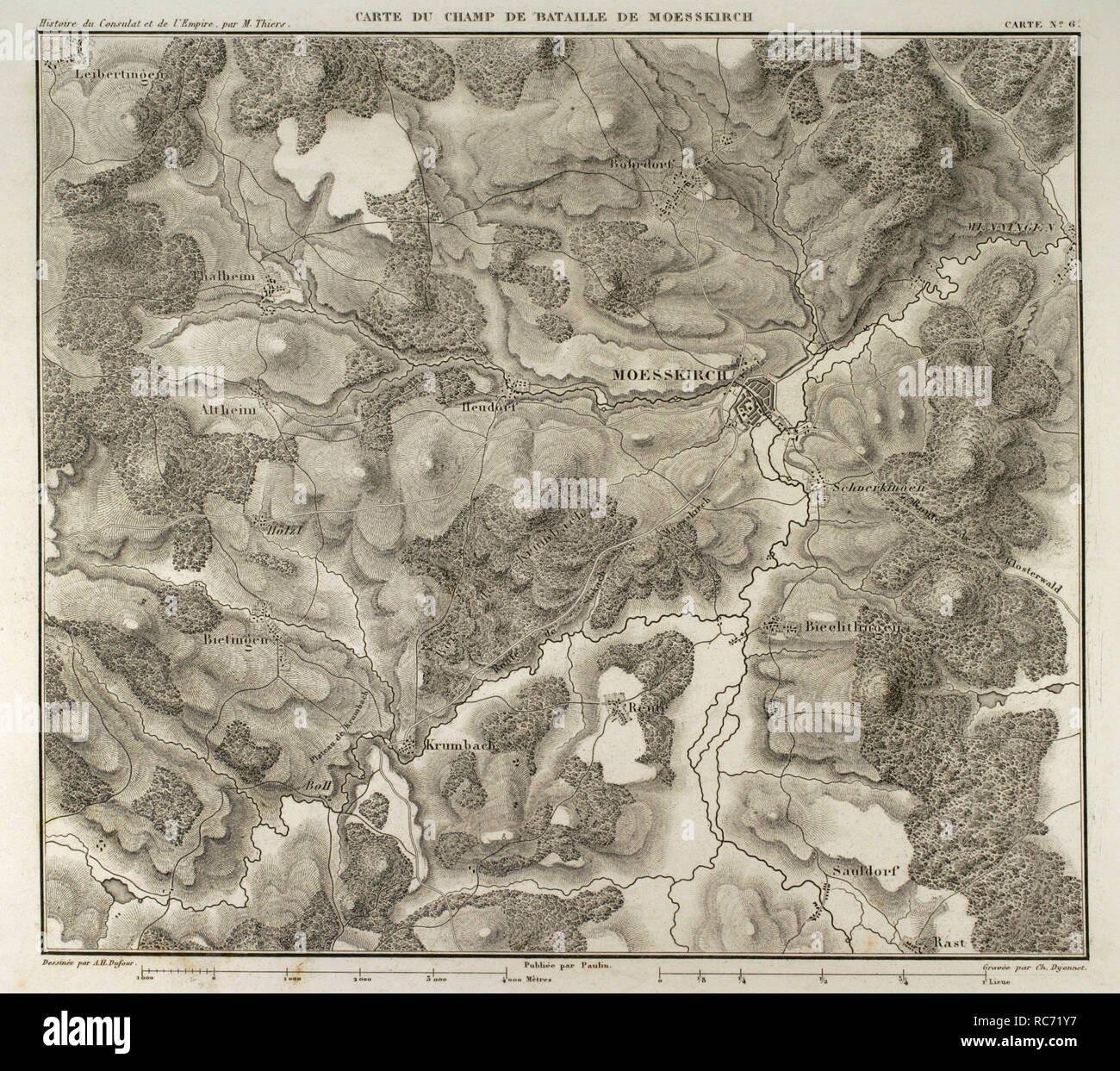 Carte de la bataille de Moesskirch, 4th-5th mai 1800, entre les armées de la France et le Saint Empire Romain allemand. Guerre de la deuxième Coalition (contexte de la Guerres de la Révolution française, avec la victoire française). Atlas de l'Histoire du Consulat et de l'Empire. Histoire du Consulat et l'Empire de la France sous Napoléon par Marie Joseph Louis Adolphe Thiers (1797-1877). Dessins par Dufour, gravures par Dyonnet. Édité à Paris, 1864. Banque D'Images