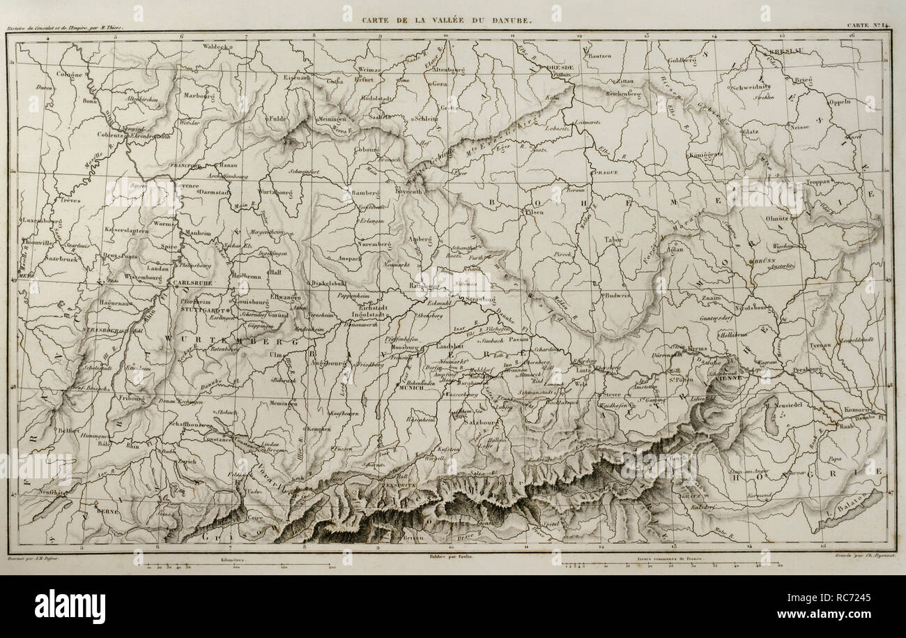 Carte de Napoléon. Vallée du Danube. Atlas de l'Histoire du Consulat et de l'Empire. Histoire du Consulat et l'Empire de la France sous Napoléon par Marie Joseph Louis Adolphe Thiers (1797-1877). Dessins par Dufour, gravures par Dyonnet. Édité à Paris, 1864. Banque D'Images