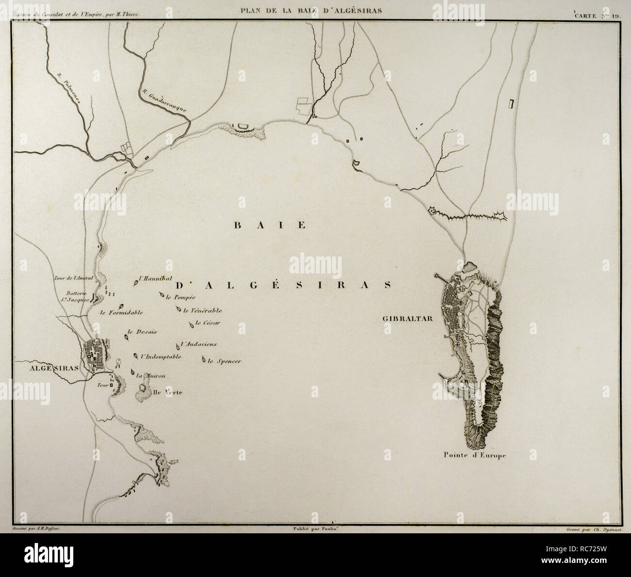 Carte de Napoléon. La baie d'Algésiras, en Espagne. La première bataille d'Algésiras est une bataille navale qui a eu lieu le 6 juillet 1801, les combats d'un escadron de navires de la Marine royale britannique contre une plus petite de l'escadron de la marine française. Contexte historique de la Guerres de la Révolution française. Histoire du Consulat et l'Empire de la France sous Napoléon par Marie Joseph Louis Adolphe Thiers (1797-1877). Dessins par Dufour, gravures par Dyonnet. Édité à Paris, 1864. Banque D'Images