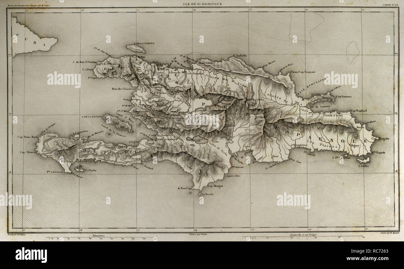 Carte de Napoléon. Île de Santo Domingo. Napoléon a rétabli l'esclavage sur l'île, l'envoi de milliers de soldats en 1802. La moitié des soldats français sont morts à cause de la fièvre jaune. Atlas de l'Histoire du Consulat et de l'Empire. Histoire du Consulat et l'Empire de la France sous Napoléon par Marie Joseph Louis Adolphe Thiers (1797-1877). Dessins par Dufour et gravures par Dyonnet. Édité à Paris, 1864. Banque D'Images