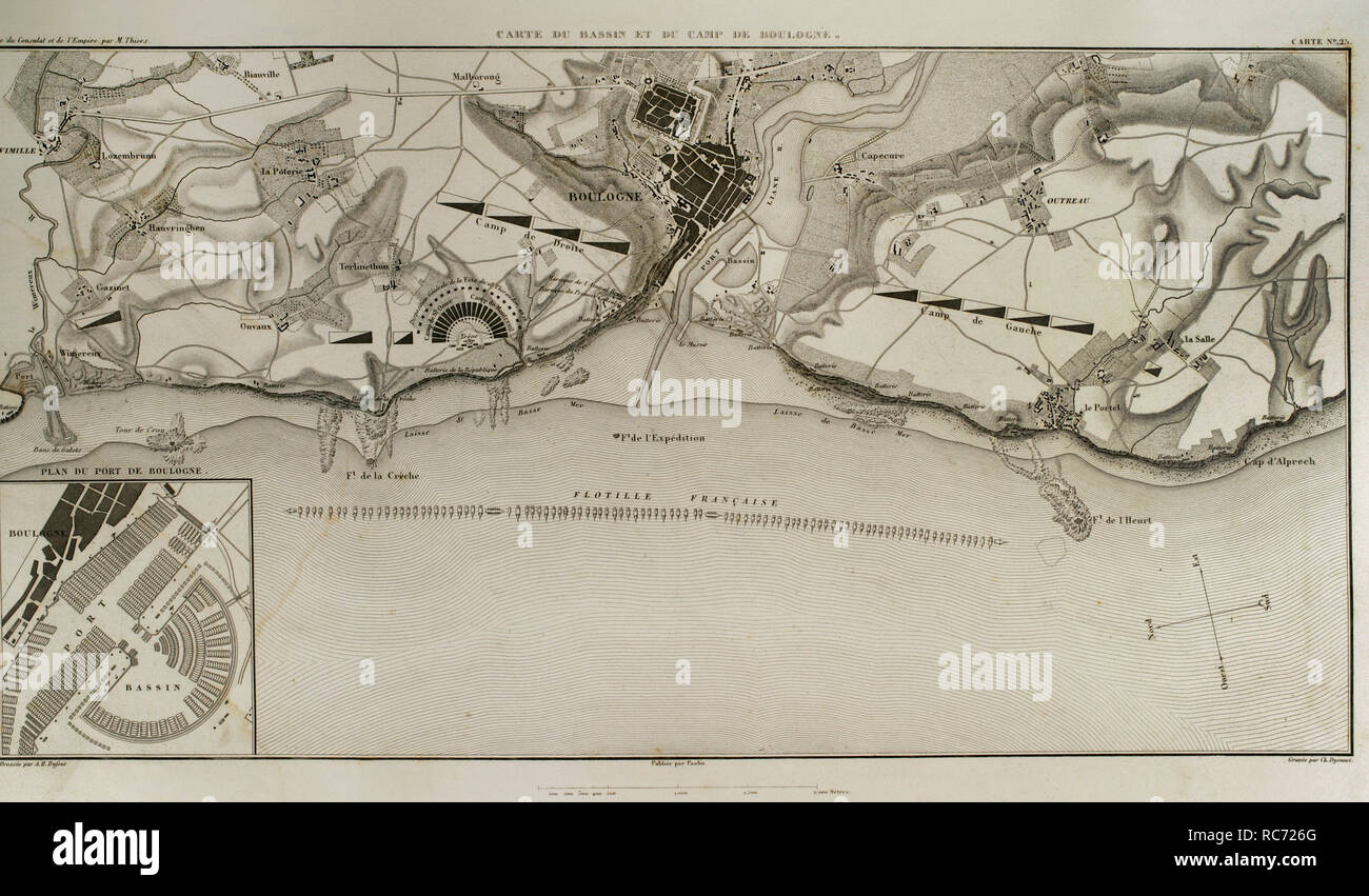 Plan de Boulogne-sur-Mer. En français sur la côte de la Manche. c'était une zone de transit pour les troupes de Napoléon pendant plusieurs mois en 1805, au cours de son invasion planifiée du Royaume-Uni. Atlas de l'Histoire du Consulat et de l'Empire. Histoire du Consulat et l'Empire de la France sous Napoléon par Marie Joseph Louis Adolphe Thiers (1797-1877). Dessins par Dufour, gravures par Dyonnet. Édité à Paris, 1864. Banque D'Images