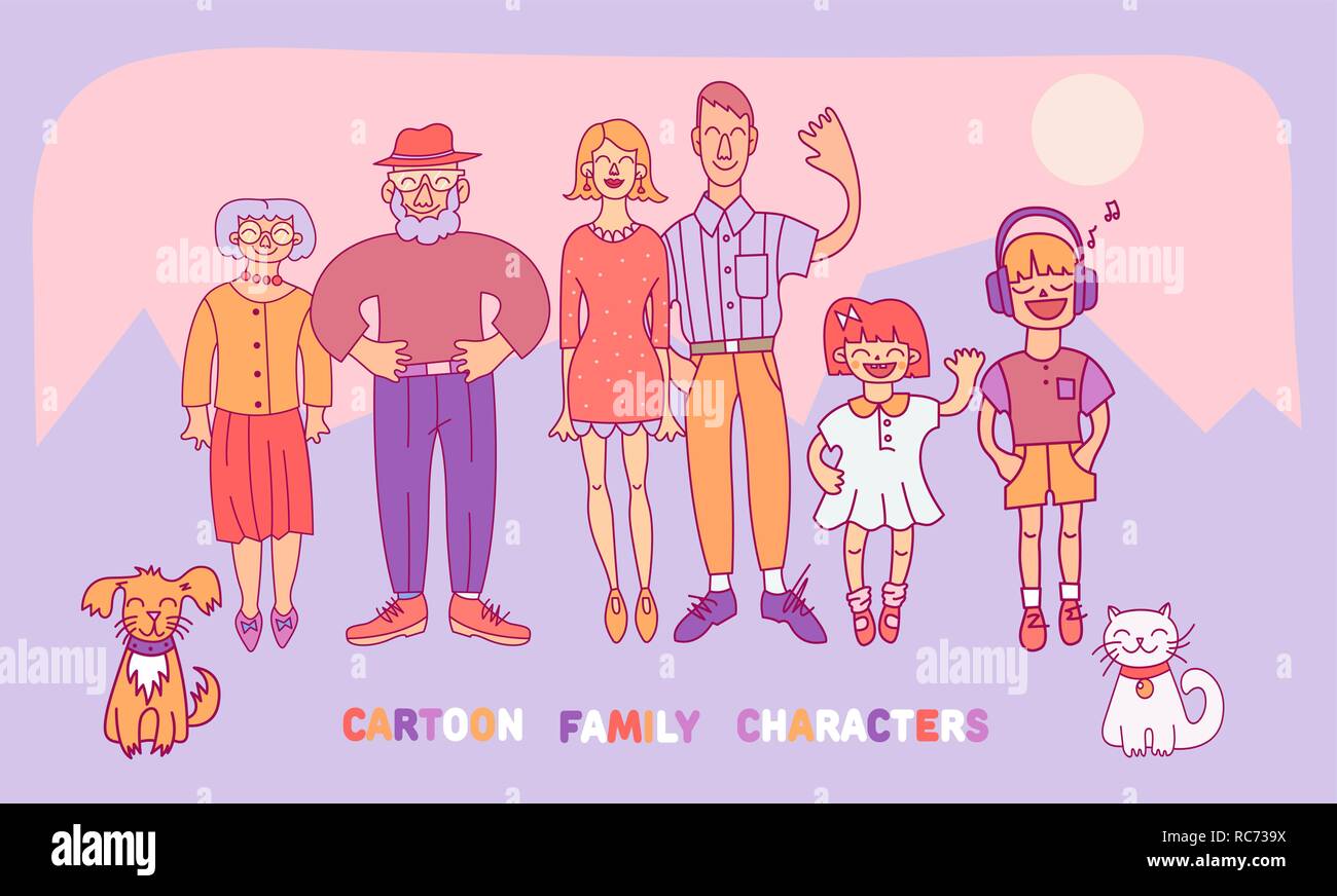 Famille : mère, père, fils, fille, grand-mère, grand-père, chien et chat. Illustrations vectorielles en style cartoon Illustration de Vecteur