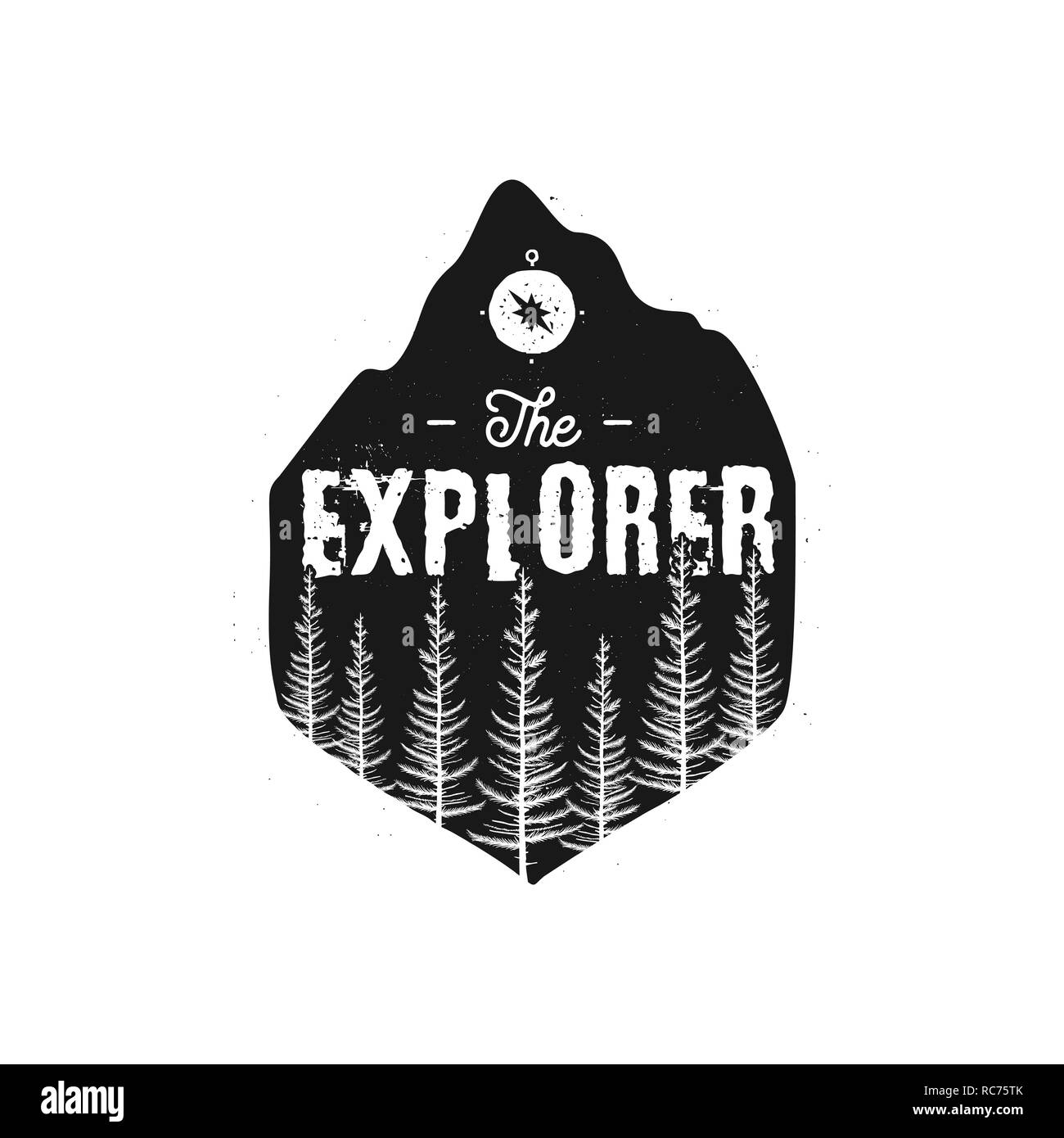La faune Camping Badge. Le Logo de l'Explorateur. Emblème d'aventure en montagne en silhouette style rétro. Doté d''une forêt de pins et texte. Billet d tache noire. Vecteur Stock randonnées label isolated on white Illustration de Vecteur