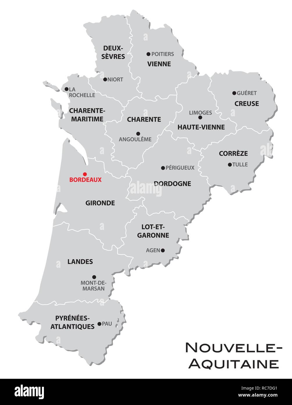 Gris Simple Carte Administrative De La Nouvelle Region Francaise Nouvelle Aquitaine Image Vectorielle Stock Alamy