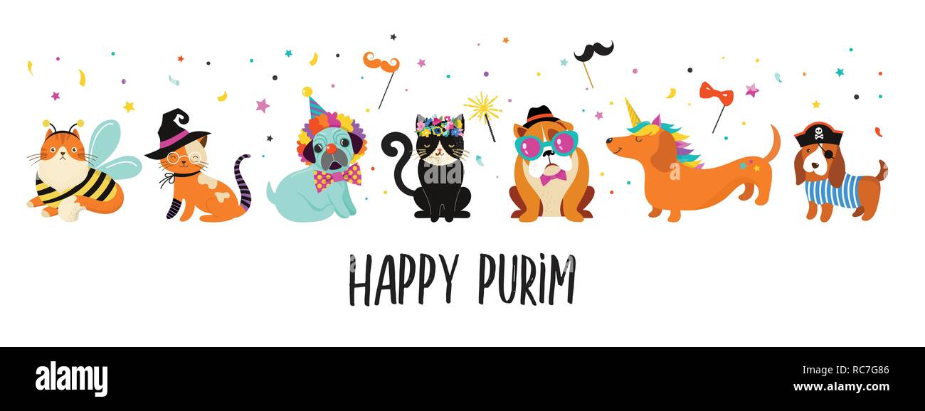 Funny Animals, animaux domestiques. Cute chiens et chats avec un carnaval haut en couleurs des costumes, l'illustration vectorielle. Happy Purim banner Illustration de Vecteur