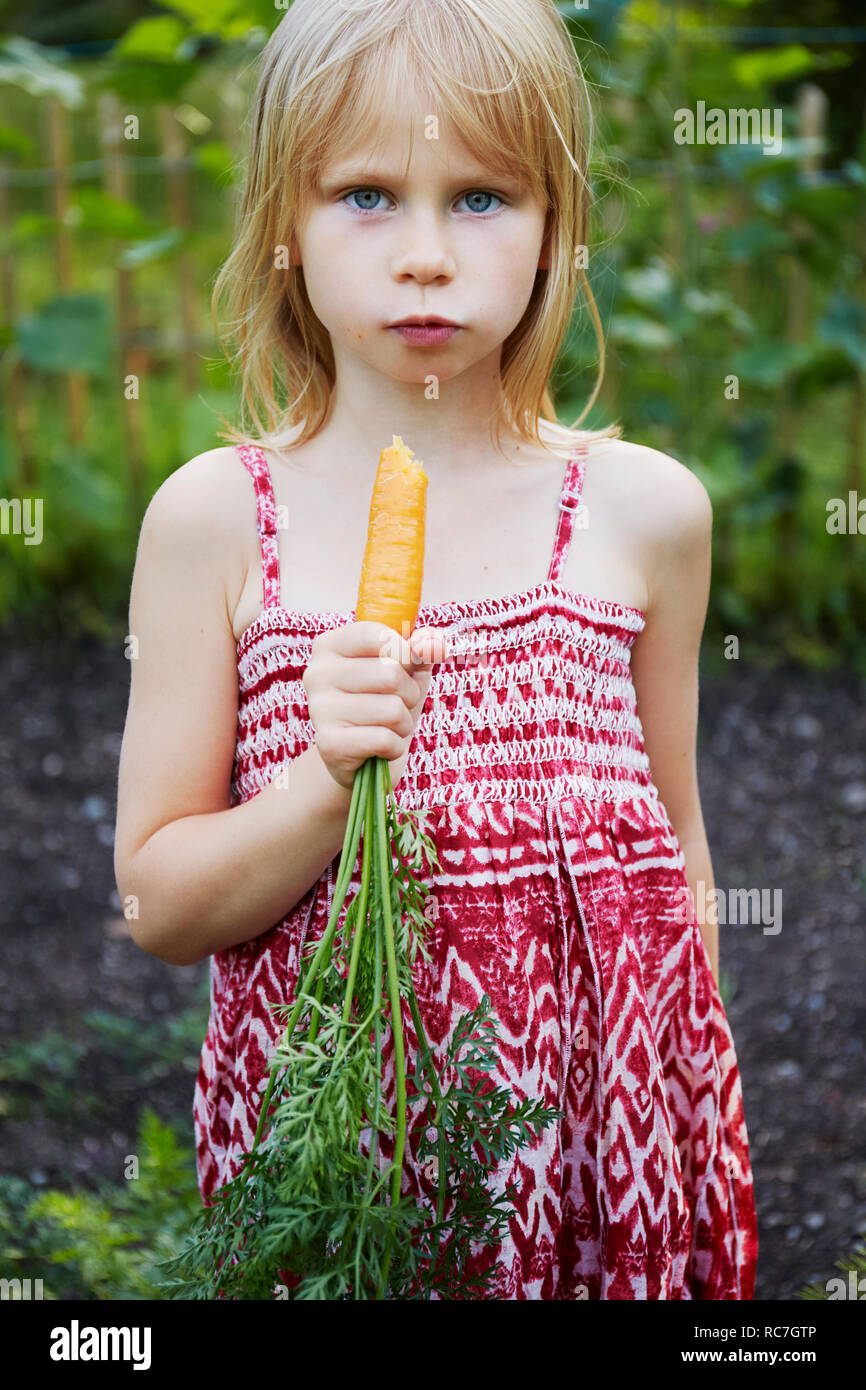 Portrait of Girl eating carrot dans le champ Banque D'Images