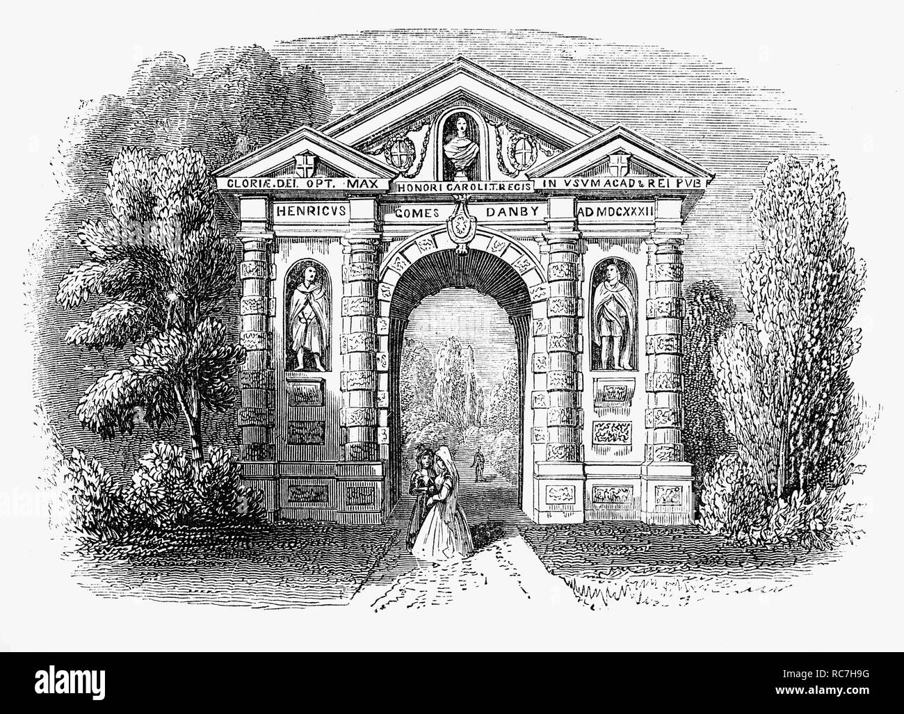 La passerelle Danby à l'Université d'Oxford Botanic Garden, le plus ancien jardin botanique en Grande-Bretagne et l'un des plus anciens jardins scientifiques dans le monde. C'est l'une des trois entrées conçu par Nicholas Stone entre 1632 et 1633. C'est l'un des premiers à utiliser des structures à Oxford, classique, style baroque. Dans l'arche en pierre ouvragée, très ignoré le nouveau style palladien classique simple en ce moment à la mode, qui vient d'être introduit en Angleterre de l'Italie par Inigo Jones. Le jardin a été fondée en 1621 en tant que commandos la culture de plantes médicinales pour la recherche. Banque D'Images