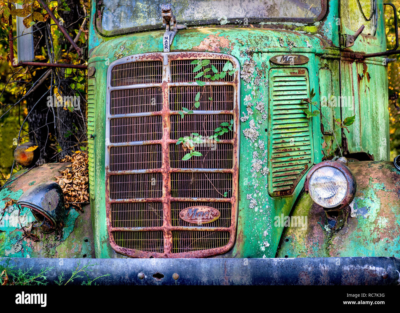 L'extrémité avant du vieux camion Mack Truck dans le 'Cimetière' près de Columbia, New York Banque D'Images